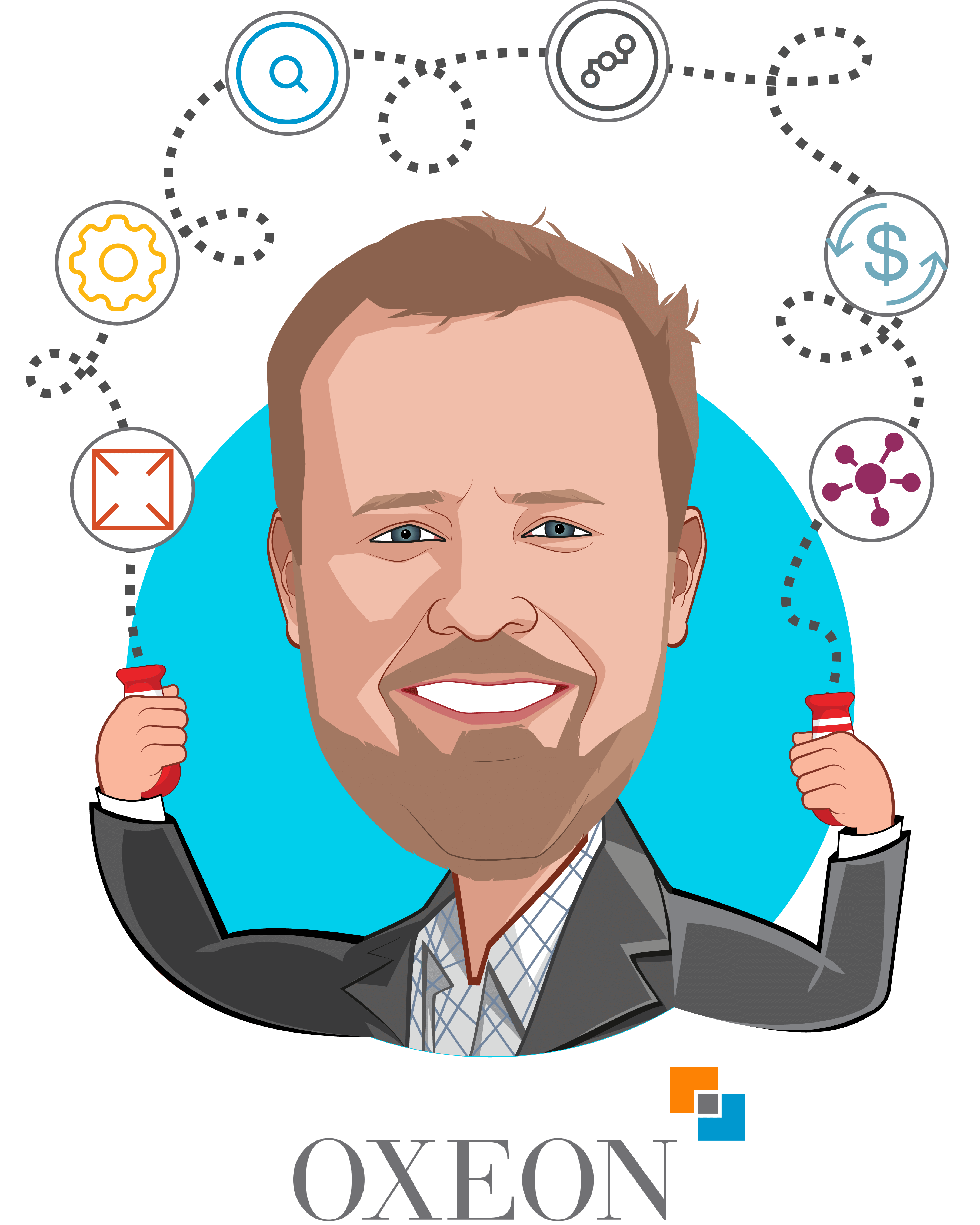 Overlay caricature of Trevor Price, who is speaking at HLTH and is Founder & CEO at Oxeon Partners