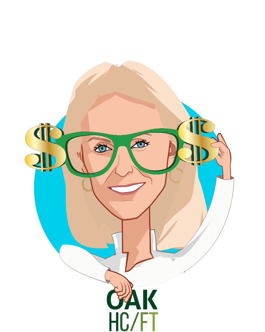 Overlay caricature of Annie Lamont, who is speaking at HLTH and is Managing Partner at Oak HC/FT