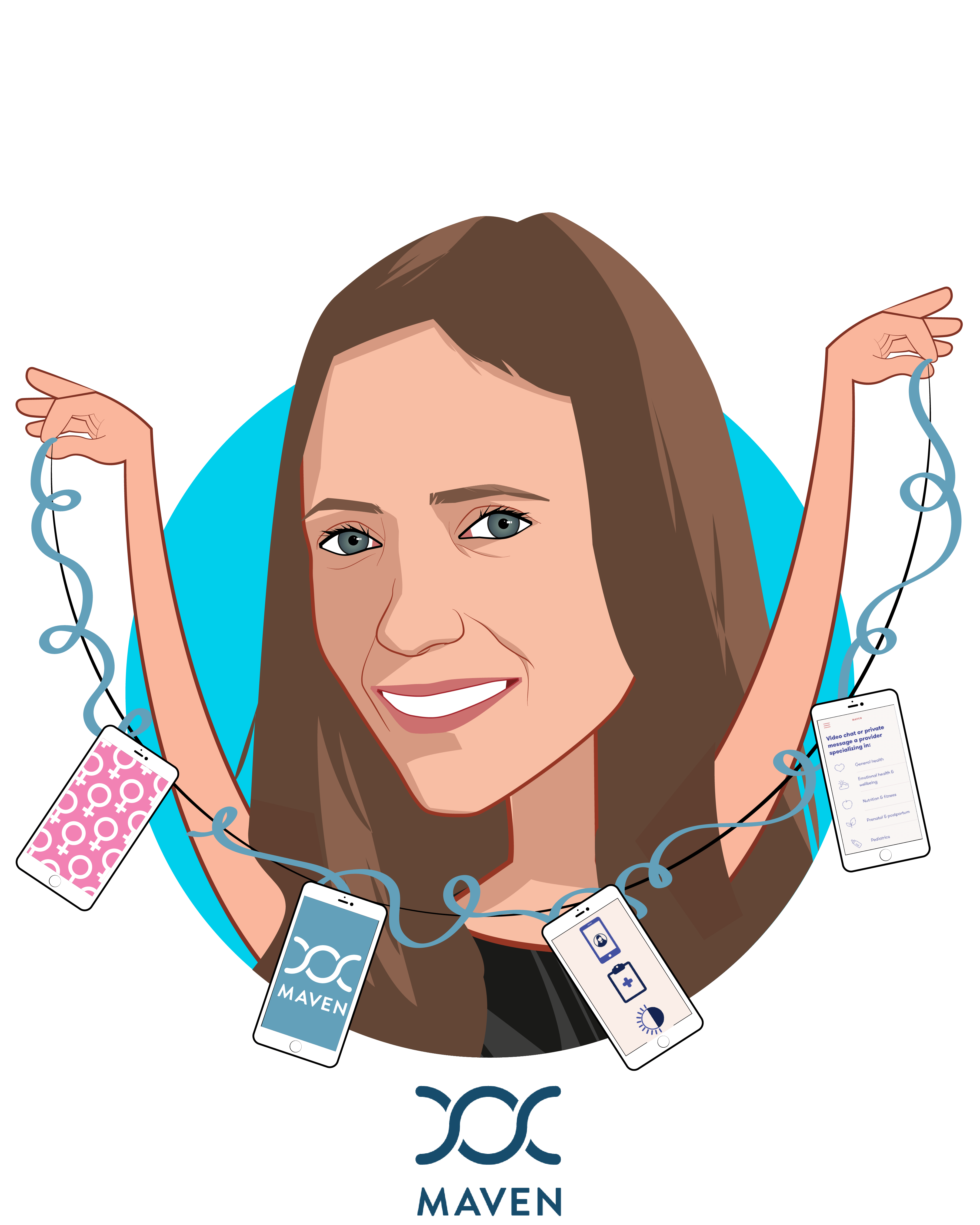 Overlay caricature of Katherine Ryder, who is speaking at HLTH and is Founder and CEO at Maven