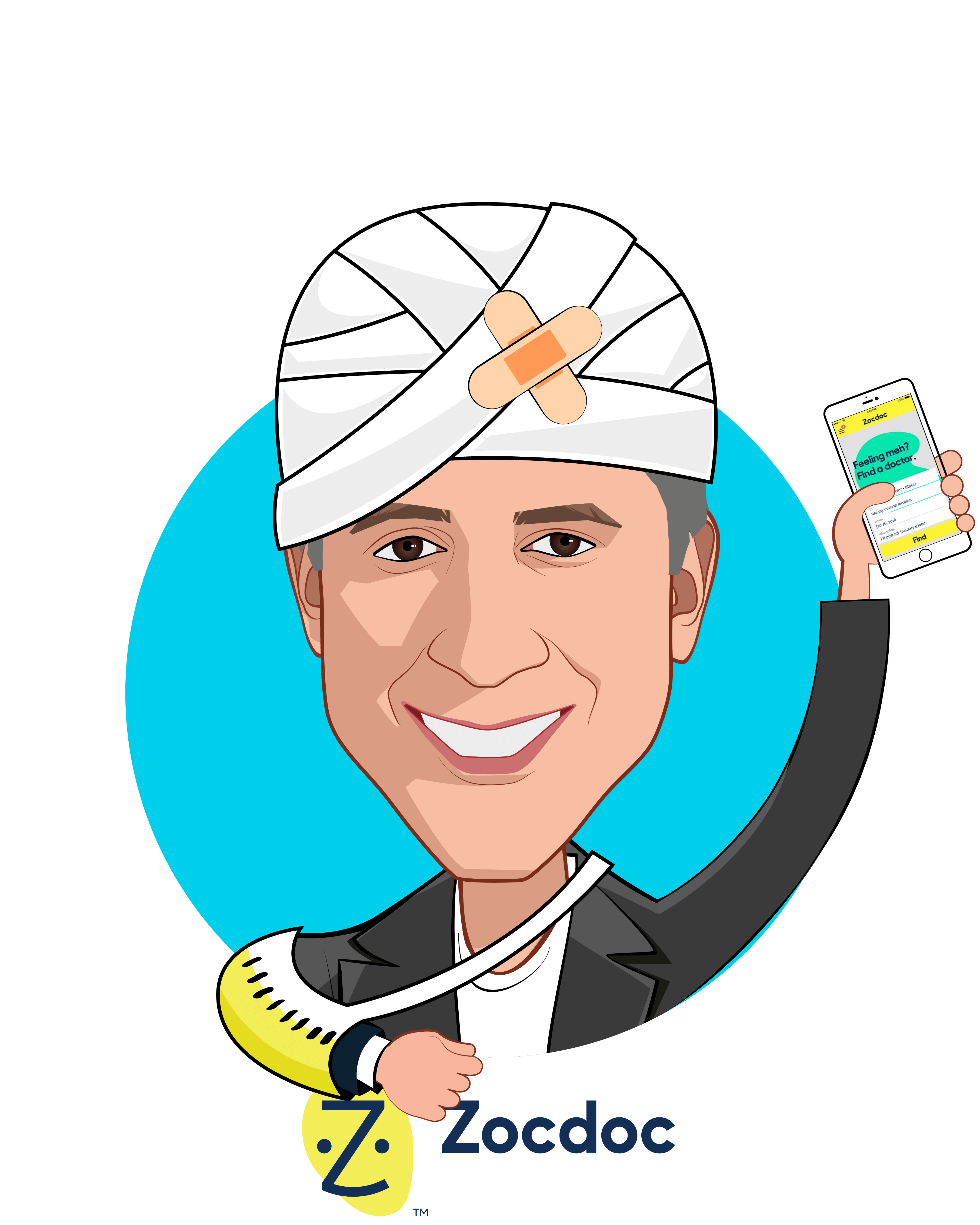 Overlay caricature of Dr. Oliver Kharraz, who is speaking at HLTH and is CEO and Founder at Zocdoc