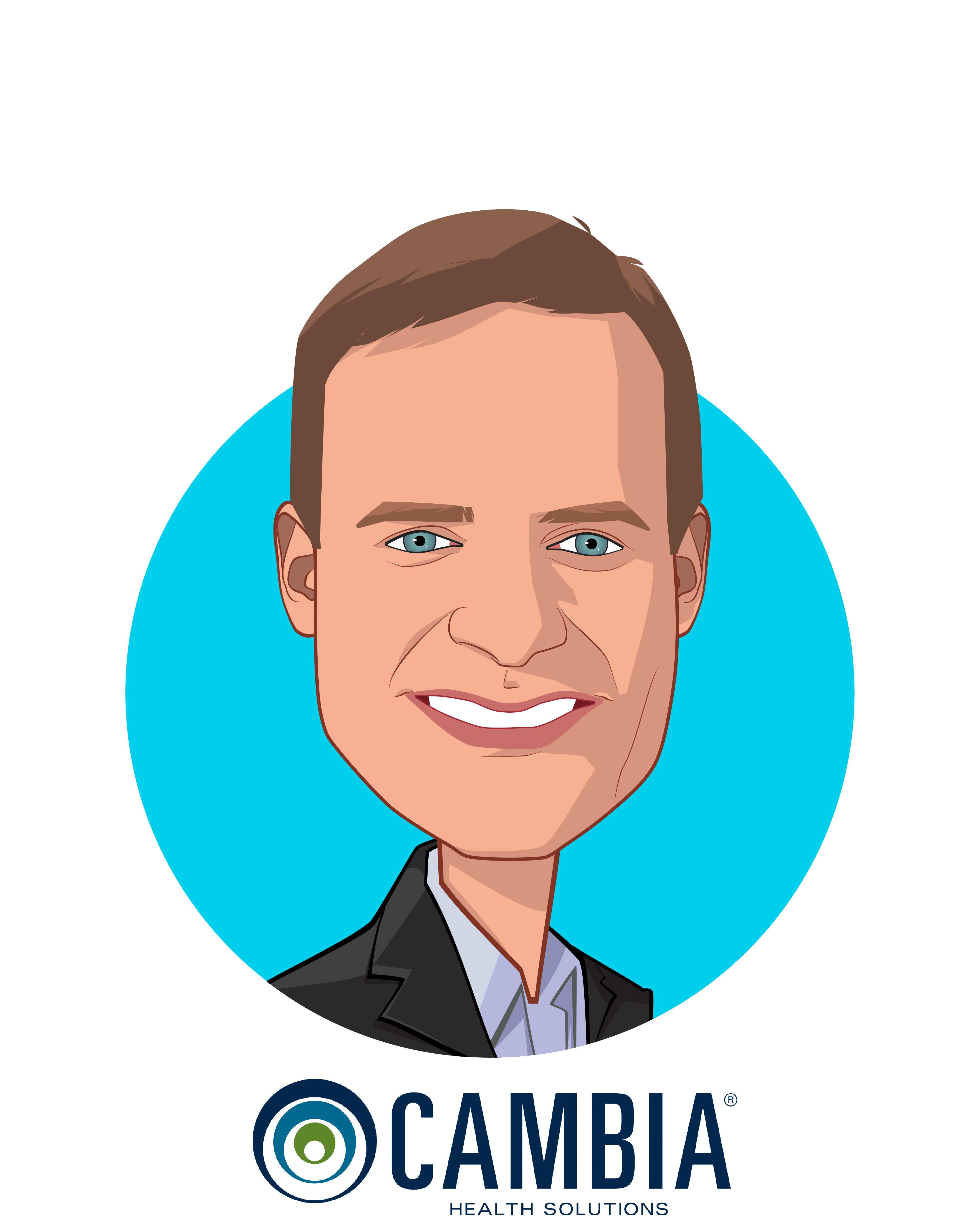 Main caricature of Mark Ganz, who is speaking at HLTH and is President and Chief Executive Officer at Cambia Health Solutions