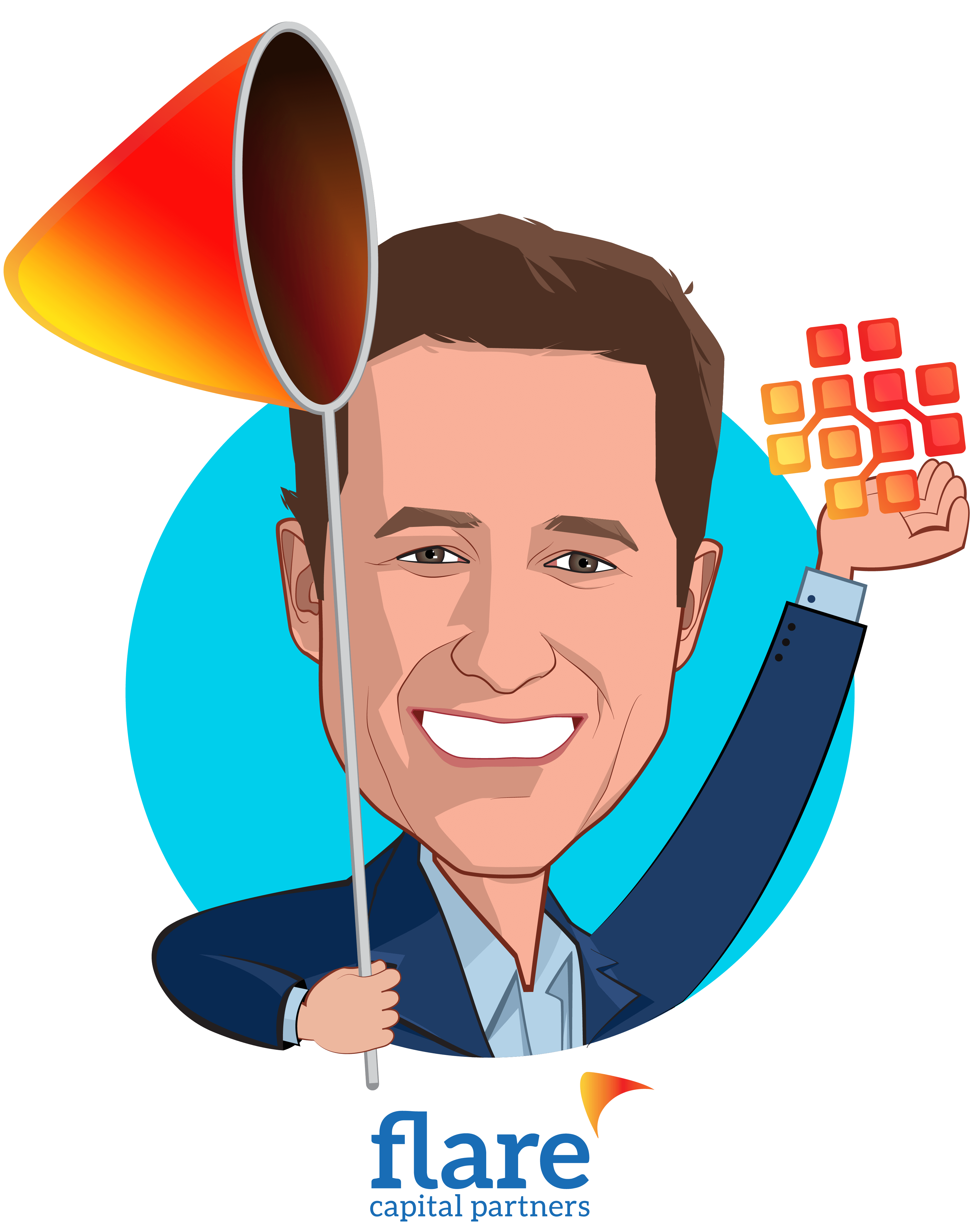 Overlay caricature of Bill Geary, who is speaking at HLTH and is Cofounder and Partner at Flare Capital Partners