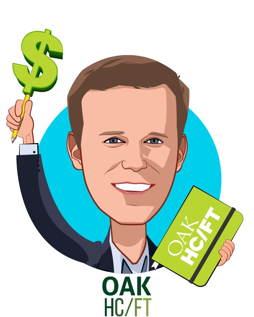 Overlay caricature of Andrew Adams, who is speaking at HLTH and is Co-Founder & Managing Partner at Oak HC/FT