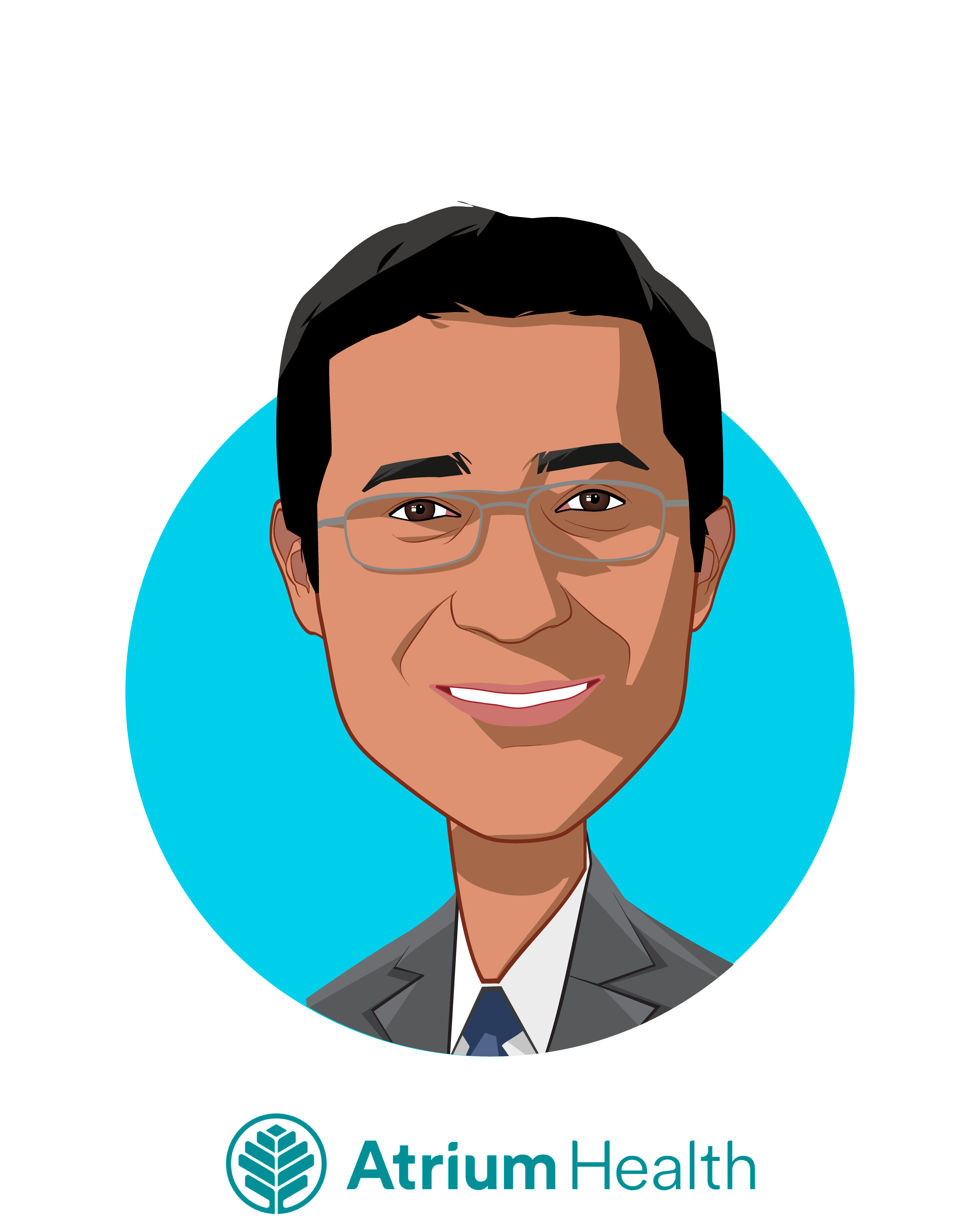 Main caricature of Rasu Shrestha, MD, MBA, who is speaking at HLTH and is Executive Vice President & Chief Strategy Officer  at Atrium Health