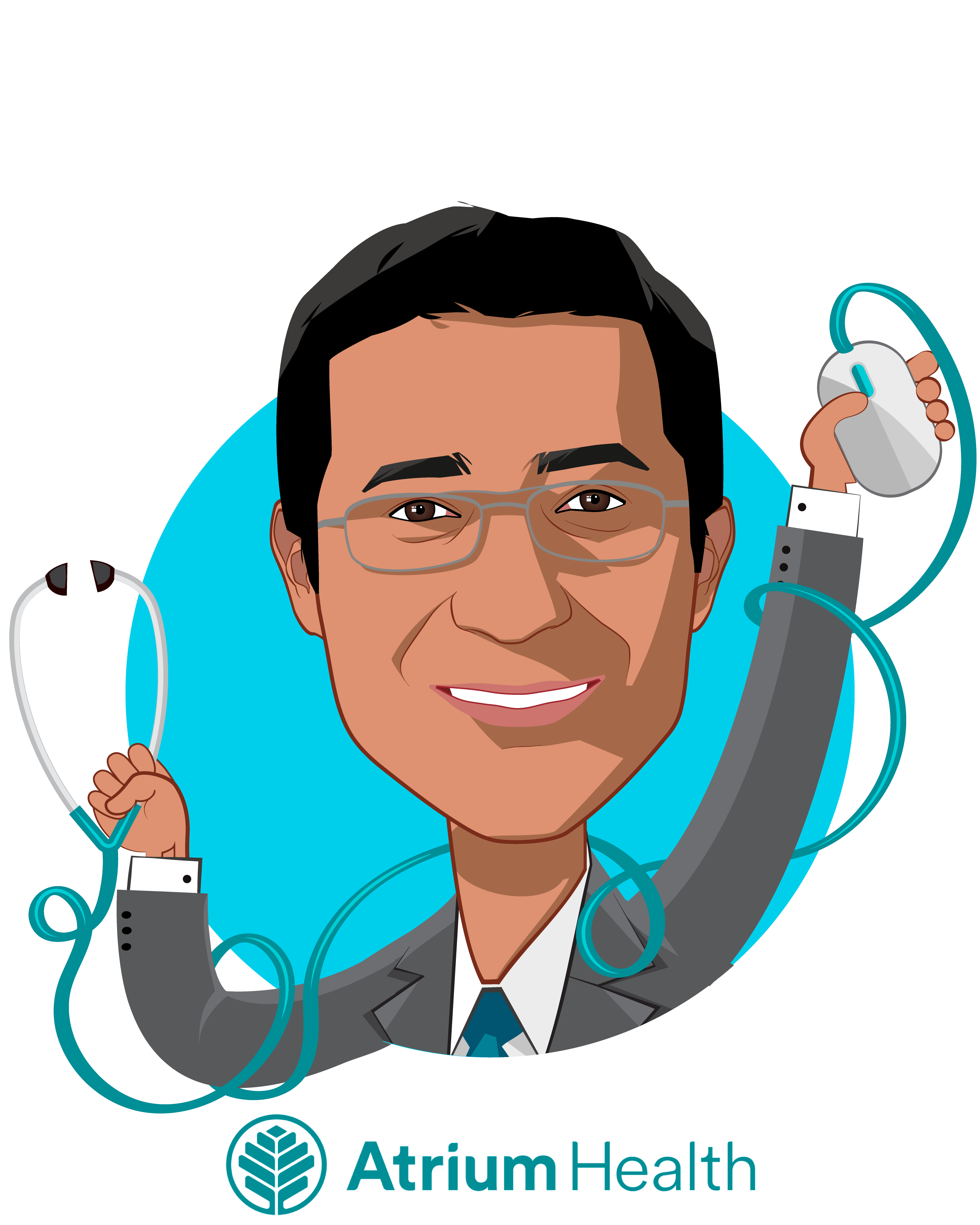 Overlay caricature of Rasu Shrestha, MD, MBA, who is speaking at HLTH and is Executive Vice President & Chief Strategy Officer  at Atrium Health