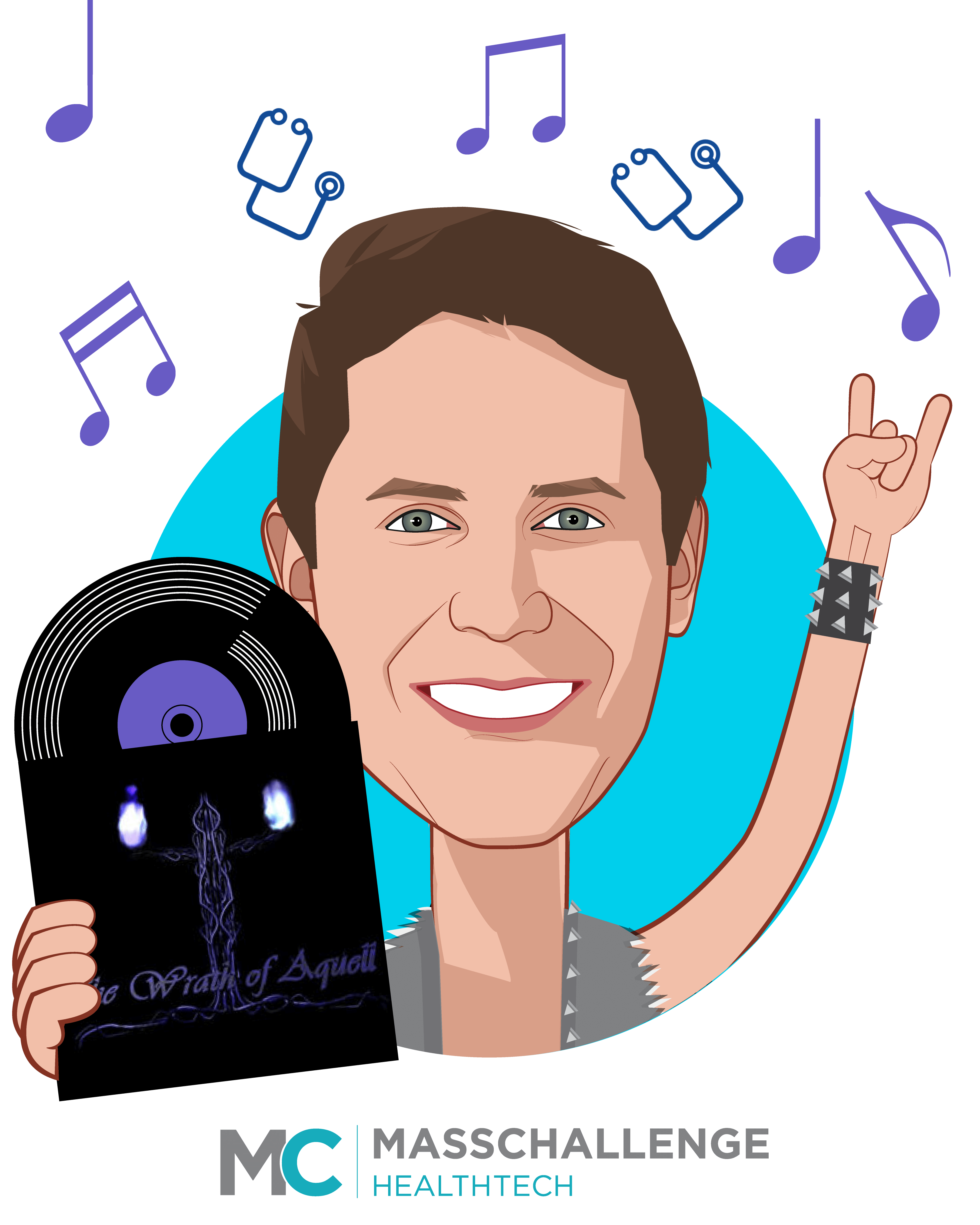 Overlay caricature of Nick Dougherty, who is speaking at HLTH and is Managing Director  at MassChallenge HealthTech