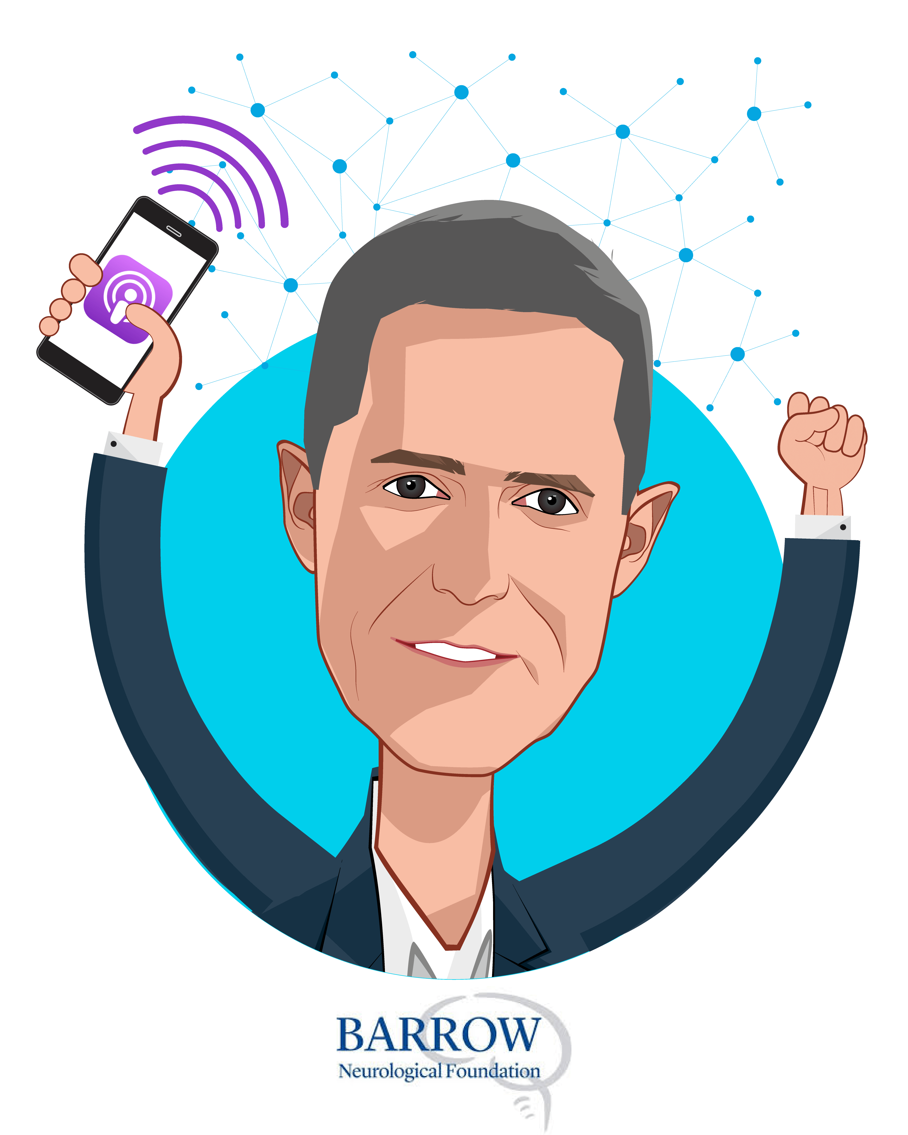 Overlay caricature of Alan Pitt, who is speaking at HLTH and is Radiologist and Nudge at Barrow Neurological Institute