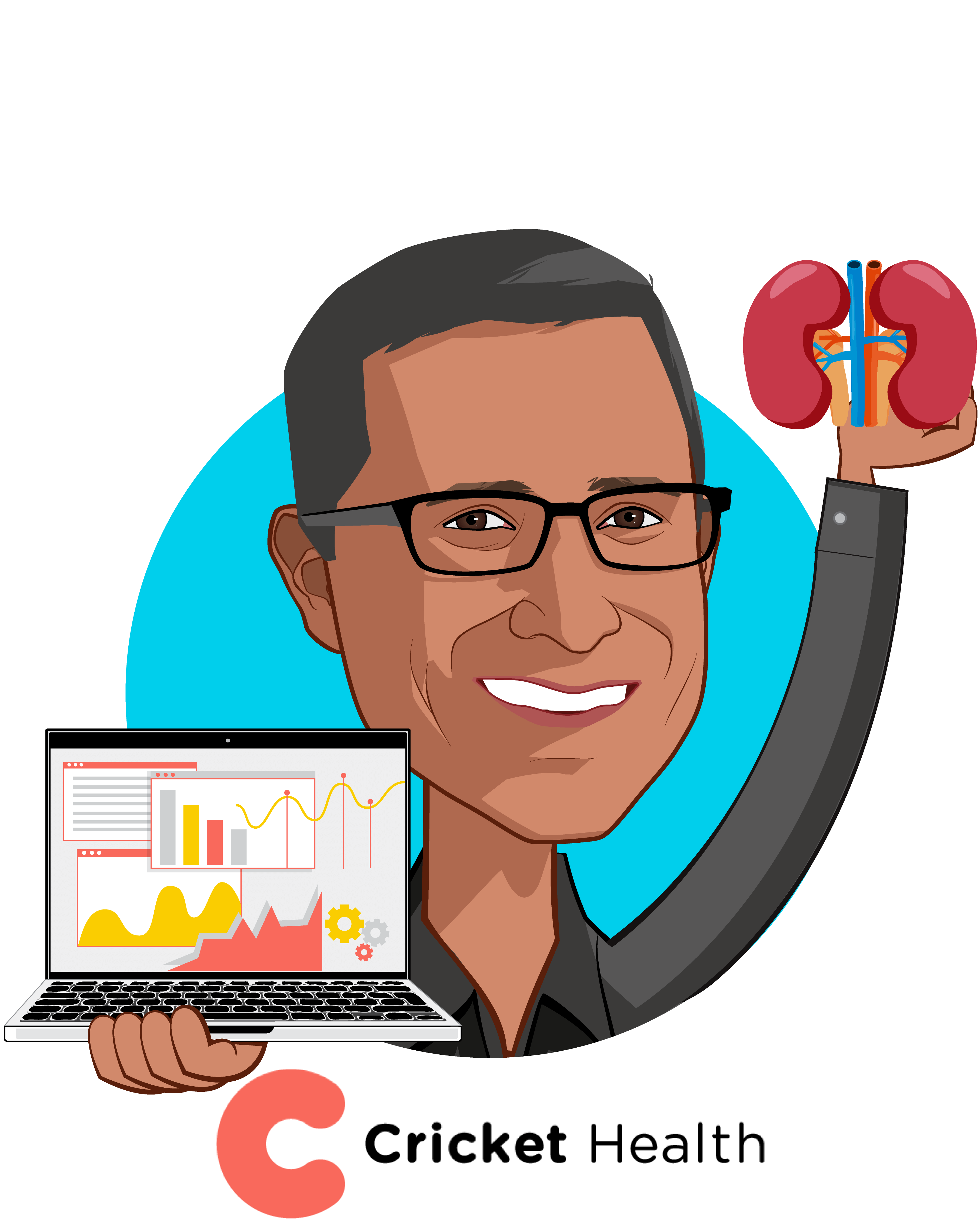 Overlay caricature of Arvind Rajan, who is speaking at HLTH and is Co-Founder and CEO at Cricket Health