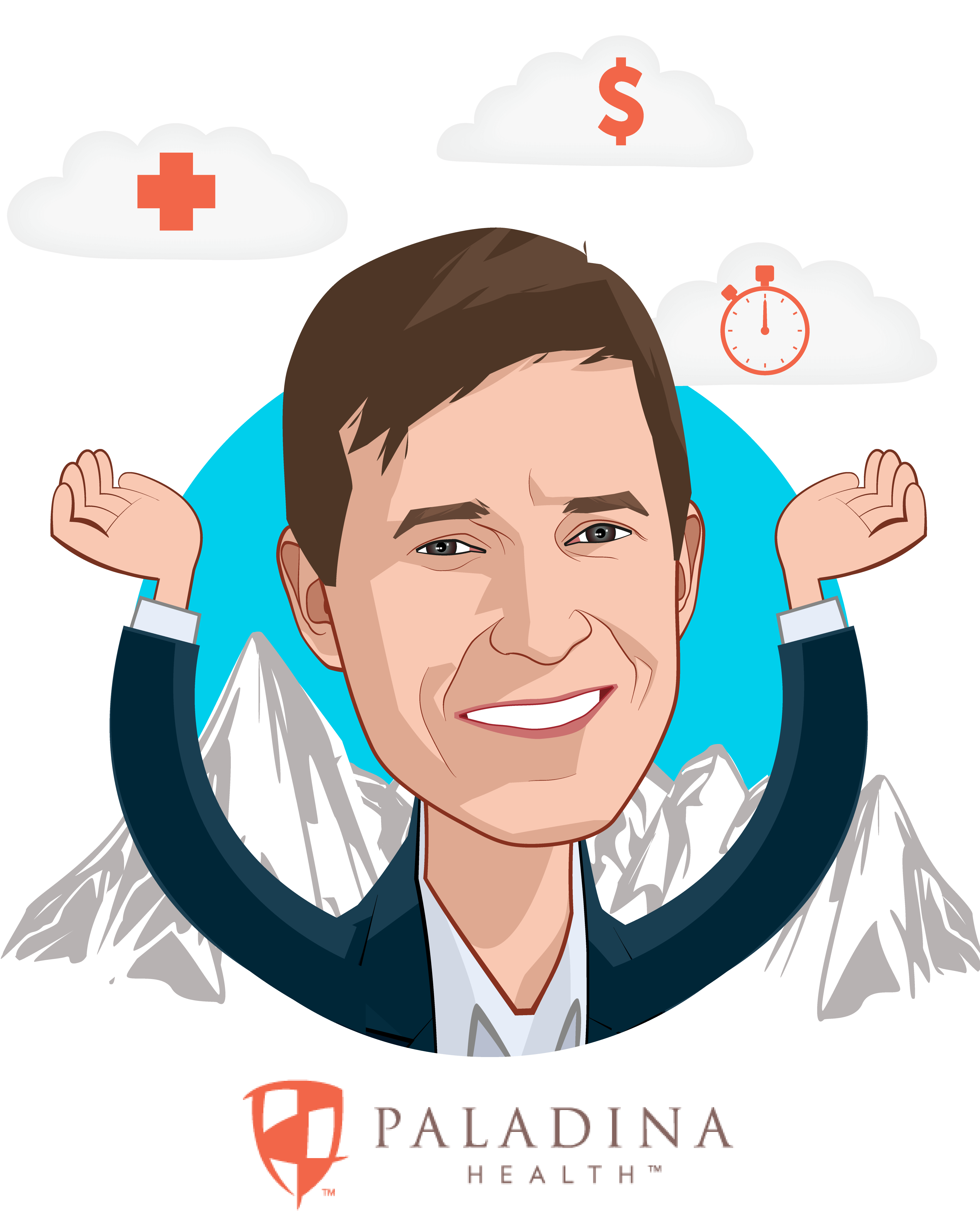Overlay caricature of Chris Miller, who is speaking at HLTH and is CEO at Paladina Health