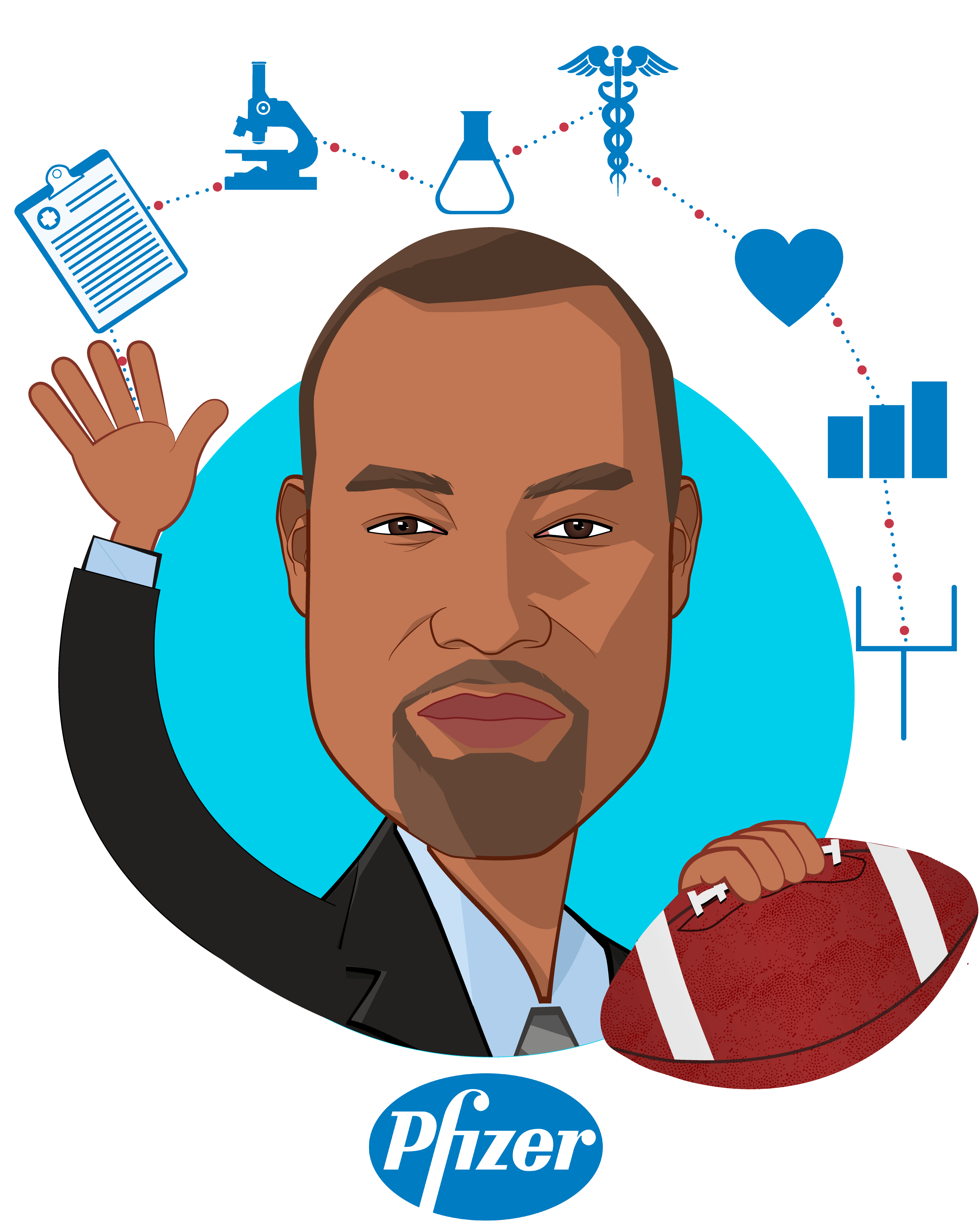 Overlay caricature of Christopher Boone, who is speaking at HLTH and is Vice President, Real-World Data & Analytics at Pfizer