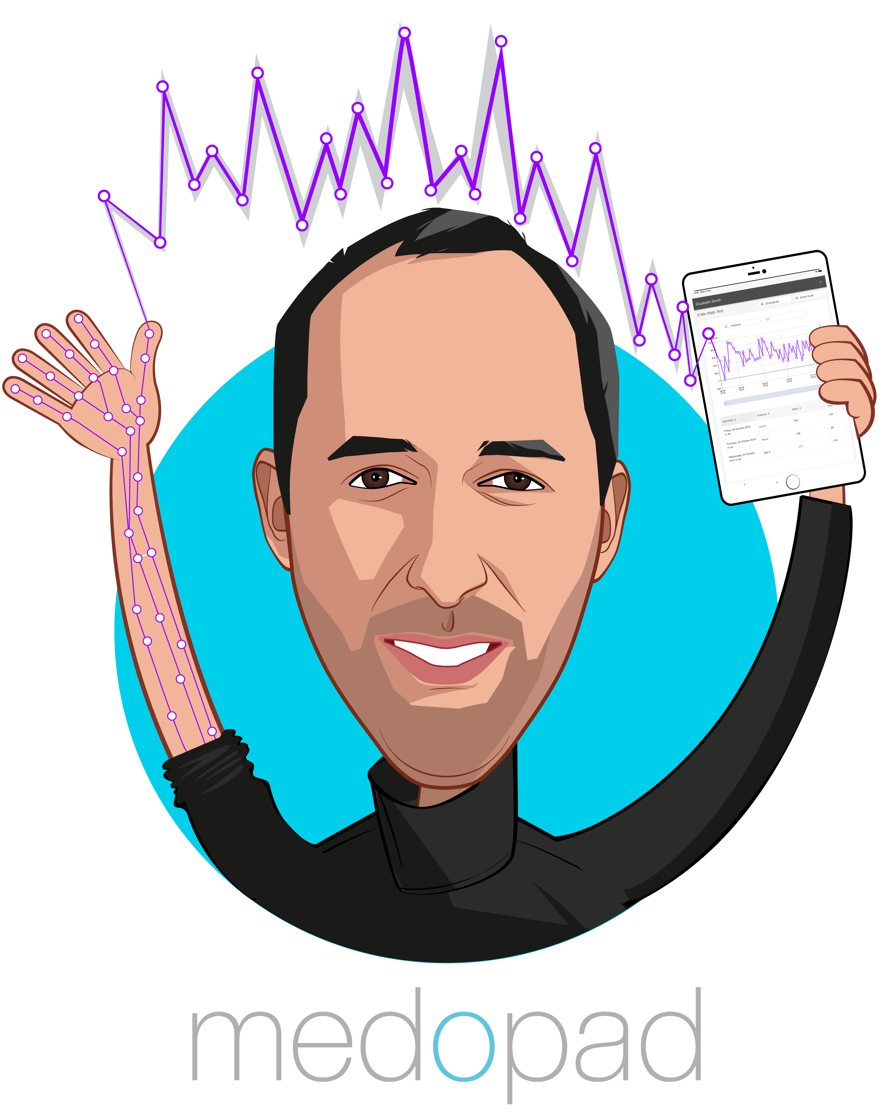 Overlay caricature of Dan Vahdat, who is speaking at HLTH and is Founder & CEO at Medopad