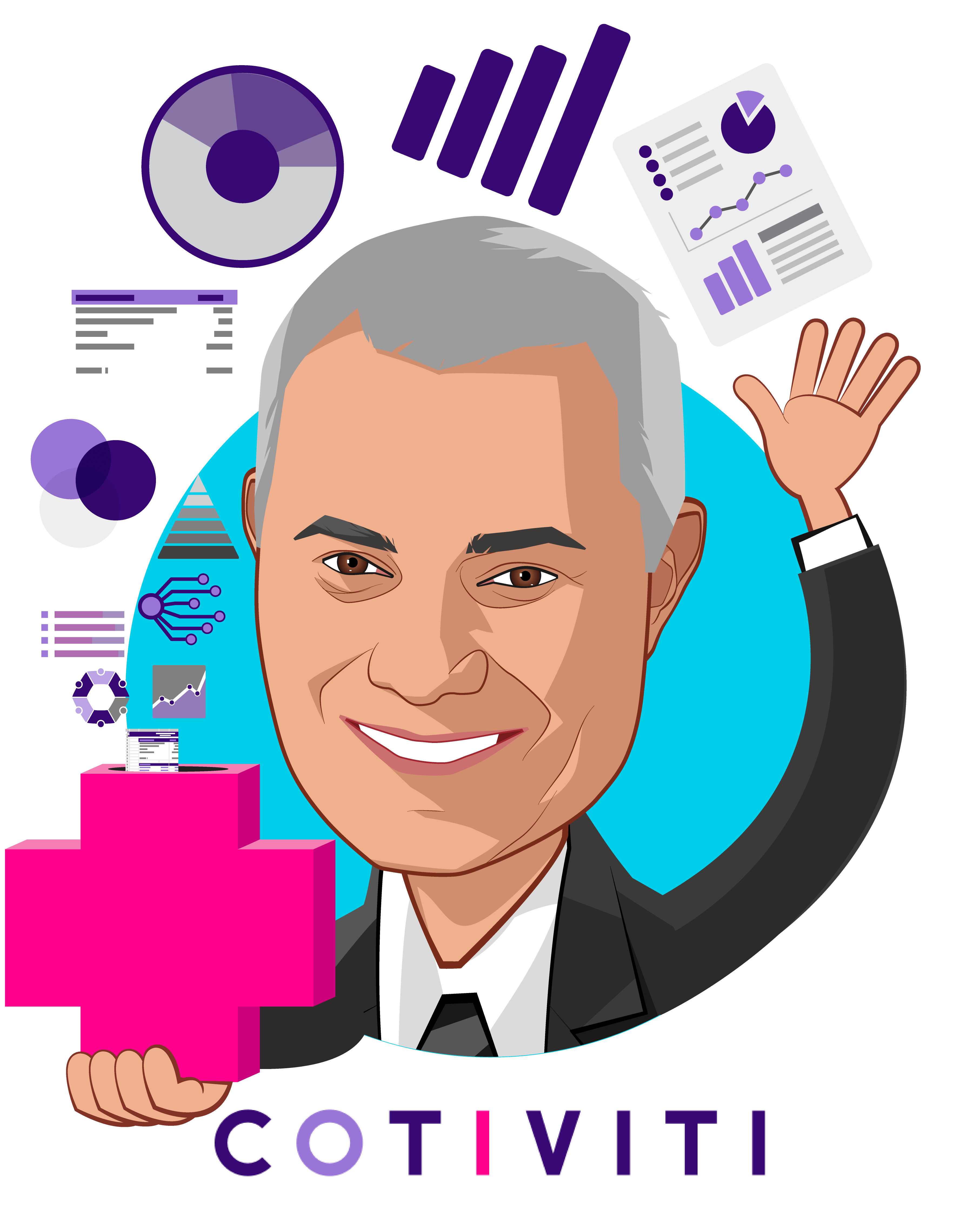 Overlay caricature of Emad Rizk, M.D., who is speaking at HLTH and is President and Chief Executive Officer at Cotiviti