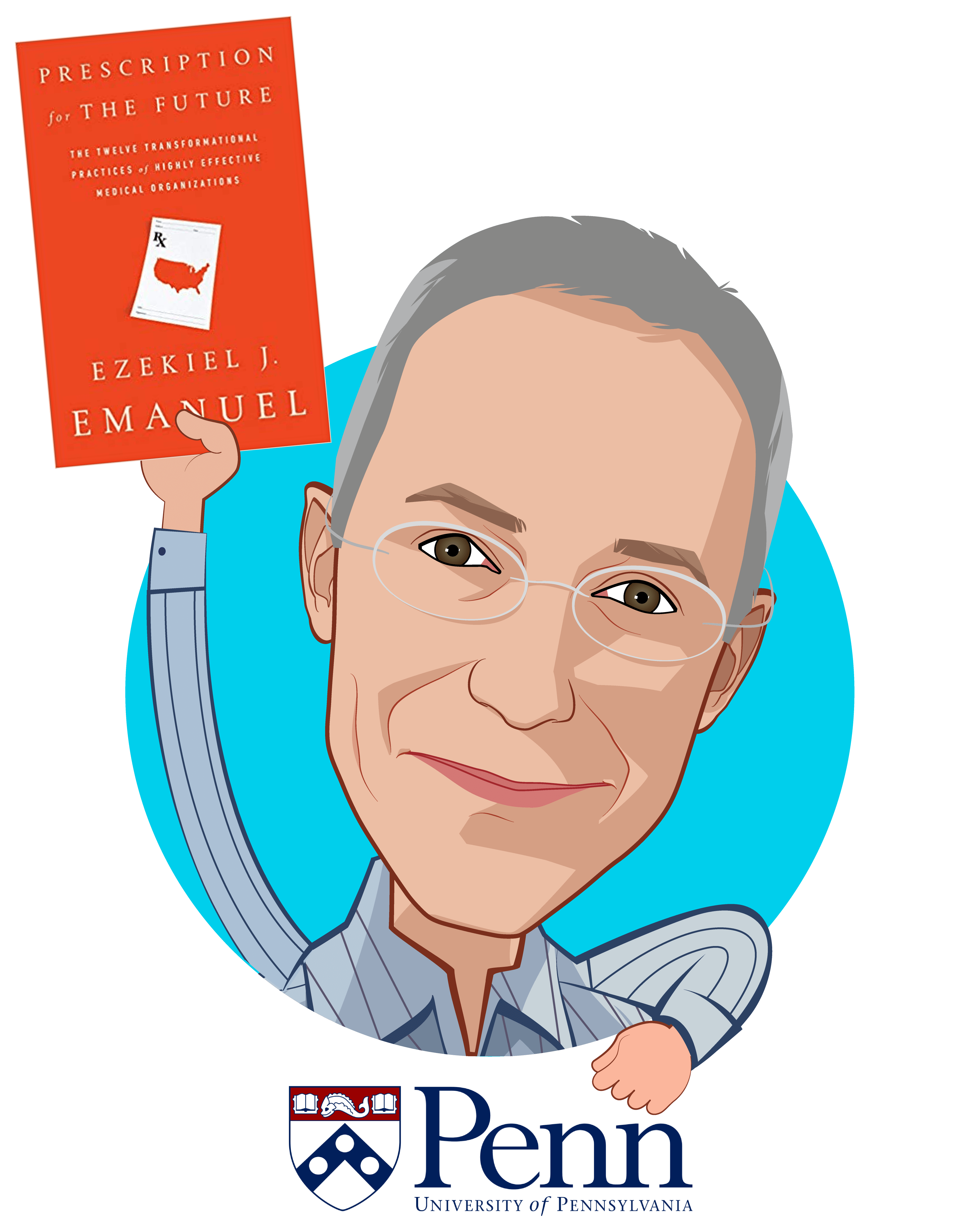 Overlay caricature of Ezekiel J. Emanuel, M.D., Ph.D., who is speaking at HLTH and is Chair, Department of Medical Ethics and Health Policy at University of Pennsylvania