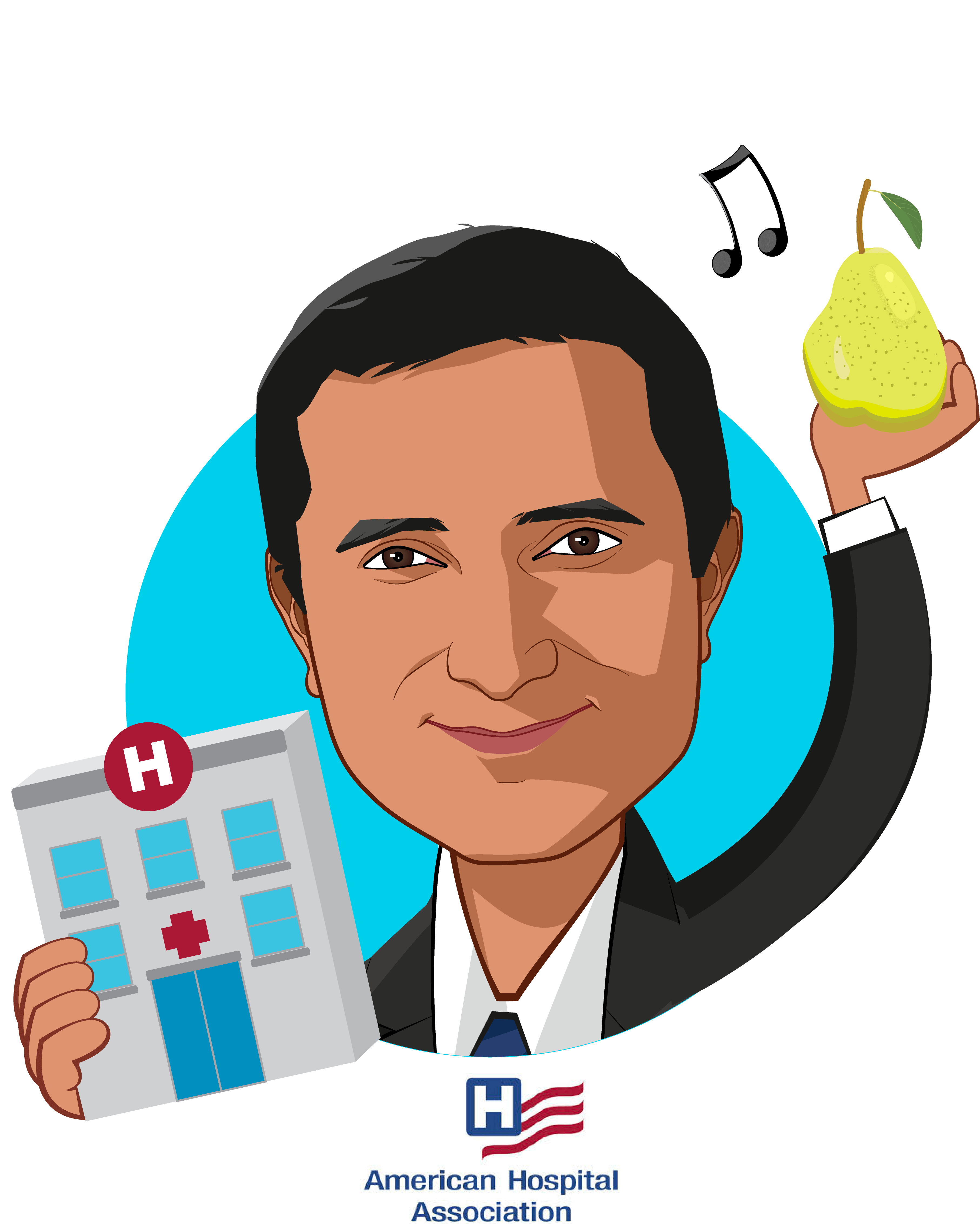 Overlay caricature of Jay Bhatt, DO, MPH, MPA, FACP, who is speaking at HLTH and is SVP & Chief Medical Officer at American Hospital Association