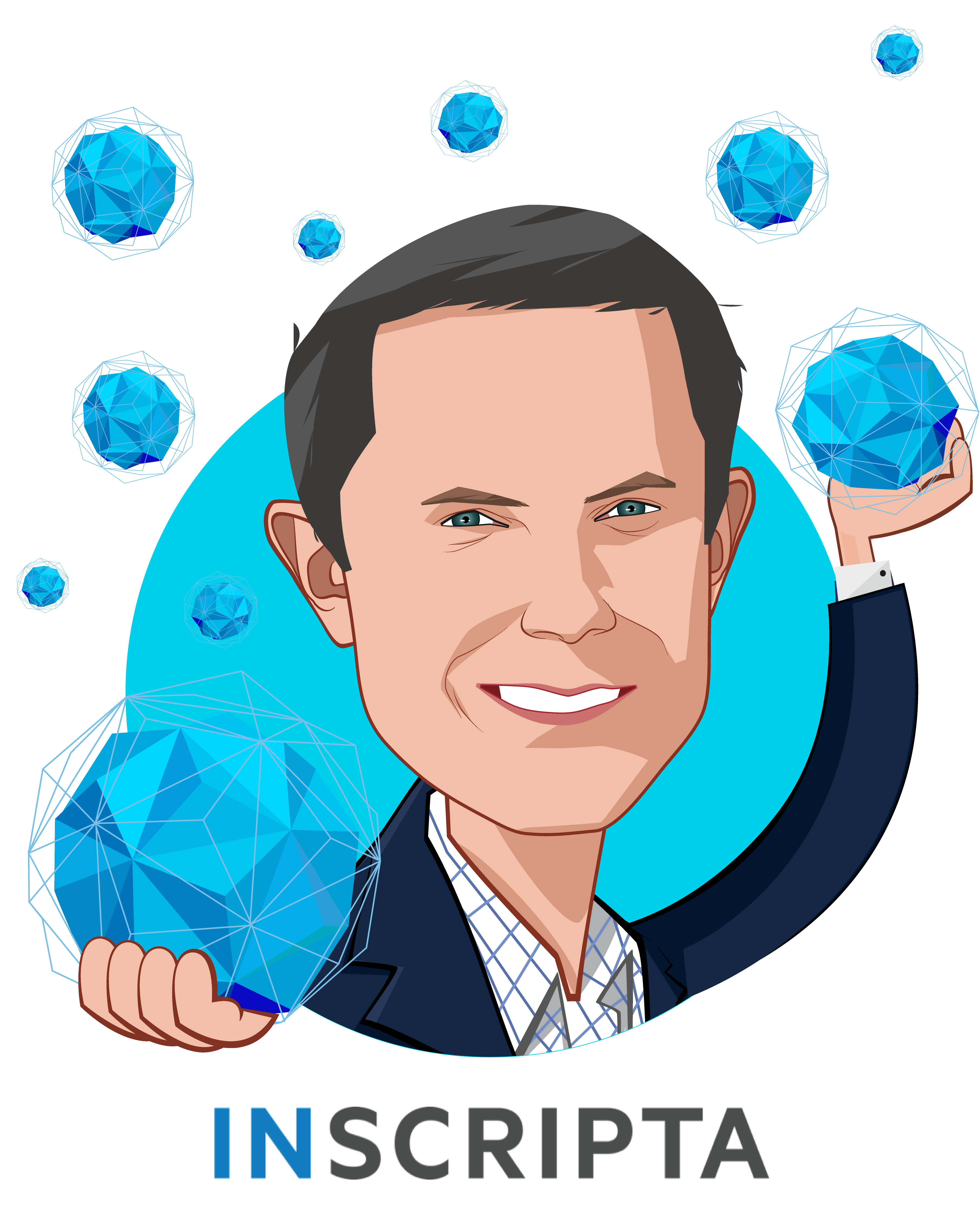 Overlay caricature of Kevin Ness, who is speaking at HLTH and is Chief Executive Officer at Inscripta
