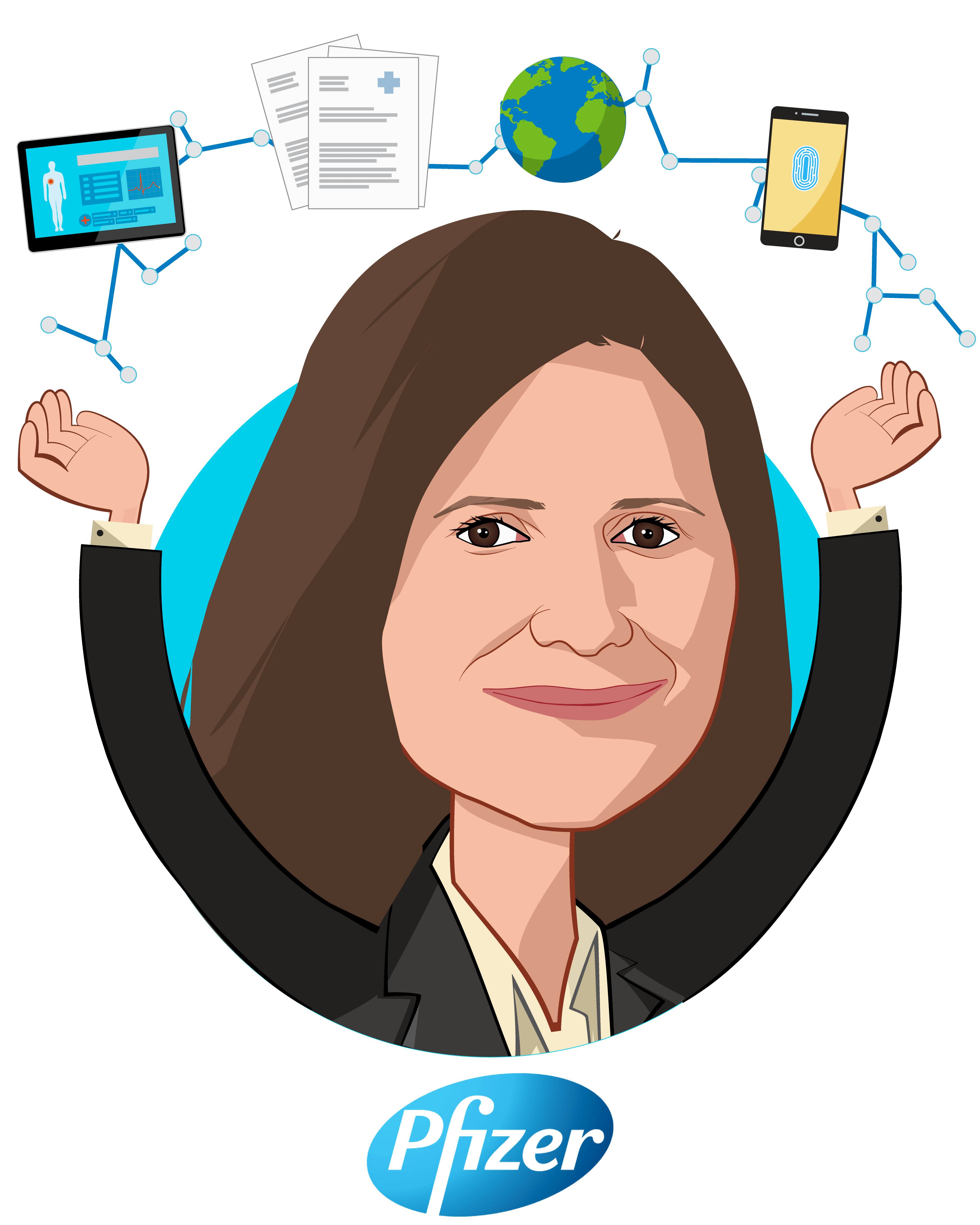 Overlay caricature of Lidia Fonseca, who is speaking at HLTH and is Chief Digital and Technology Officer and Executive Vice President at Pfizer