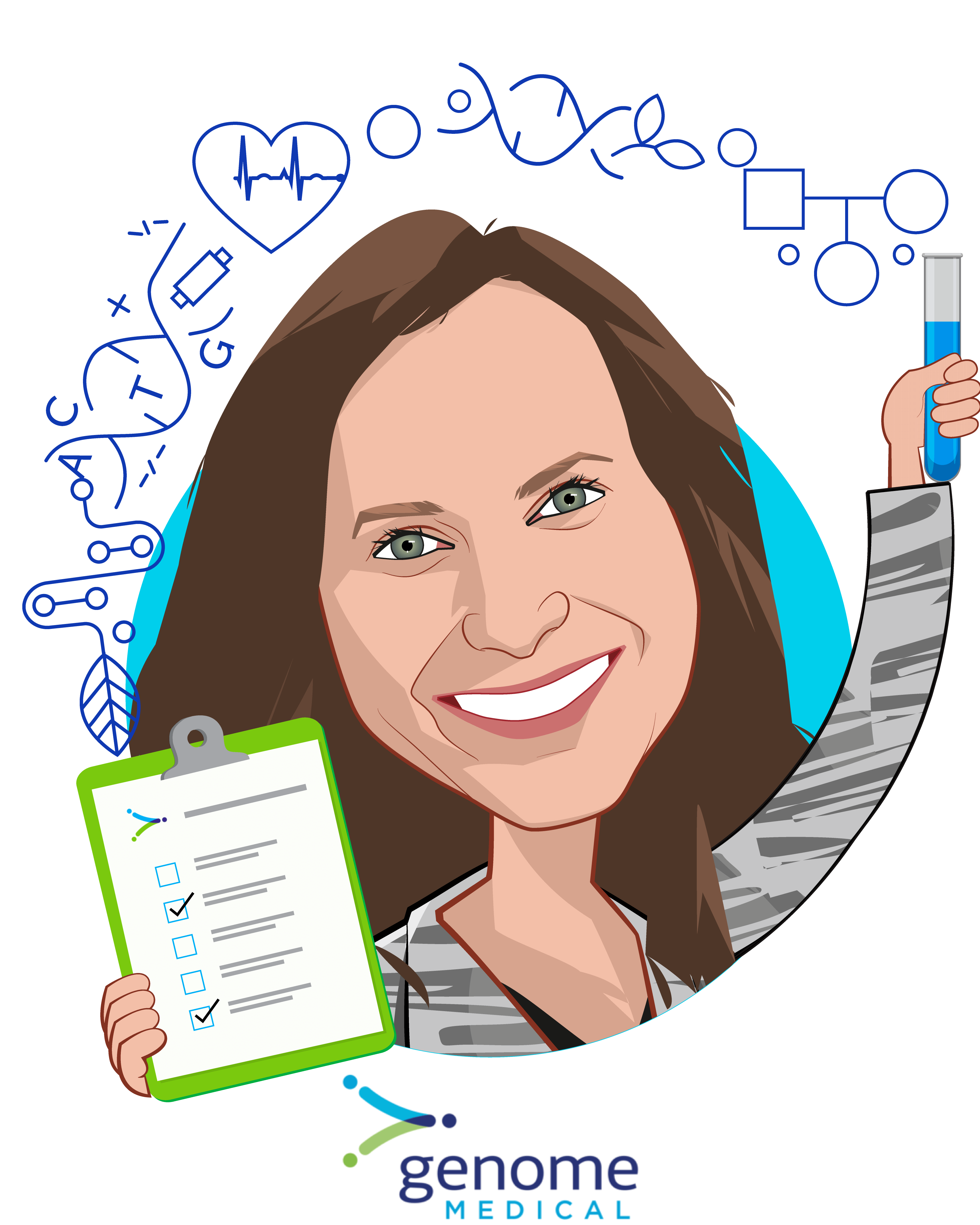 Overlay caricature of Lisa Alderson, who is speaking at HLTH and is Co-founder and CEO at Genome Medical