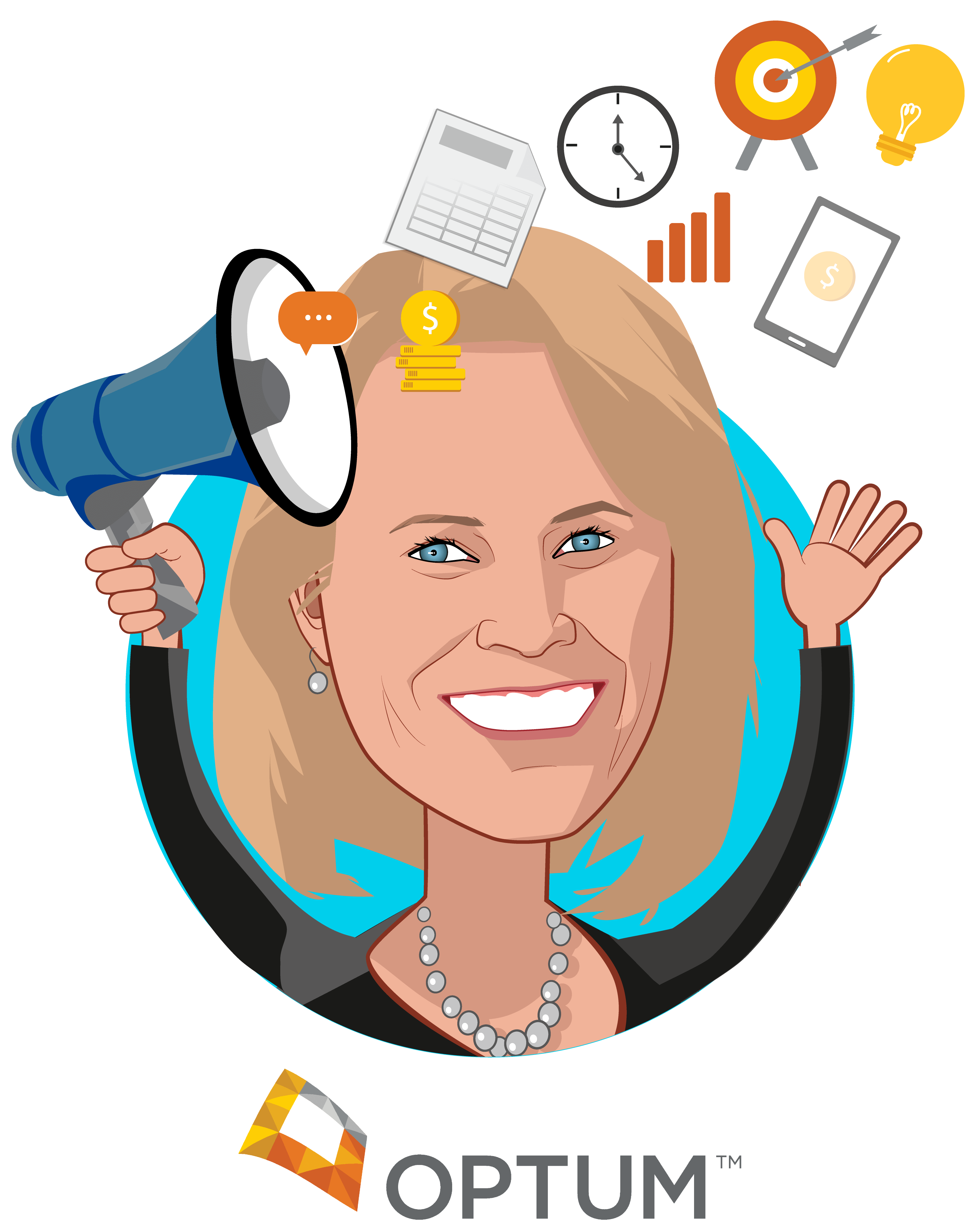 Overlay caricature of Lynne Stockstad, who is speaking at HLTH and is Chief Marketing Officer at Optum