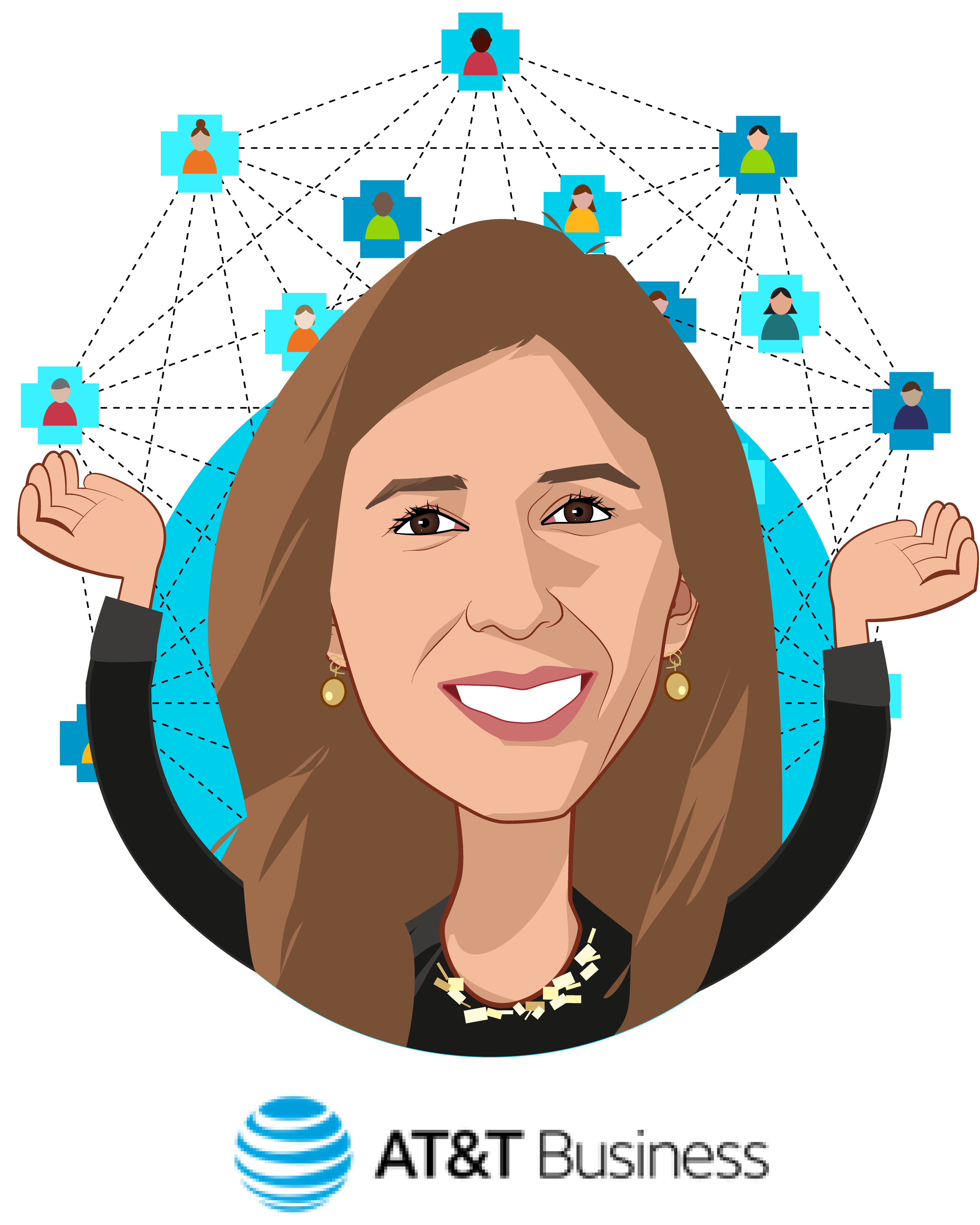 Overlay caricature of Maria Lensing, who is speaking at HLTH and is VP, Healthcare Solutions at AT&T Business