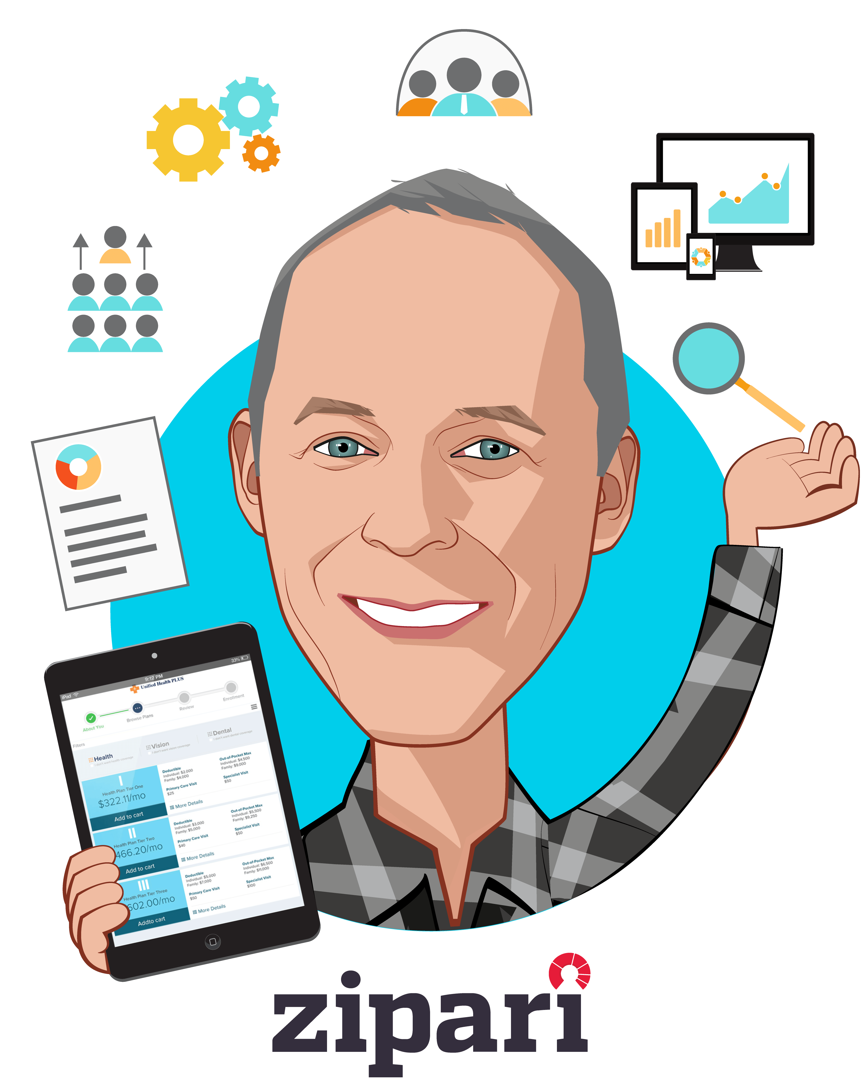 Overlay caricature of Mark Nathan, who is speaking at HLTH and is CEO and Founder at Zipari