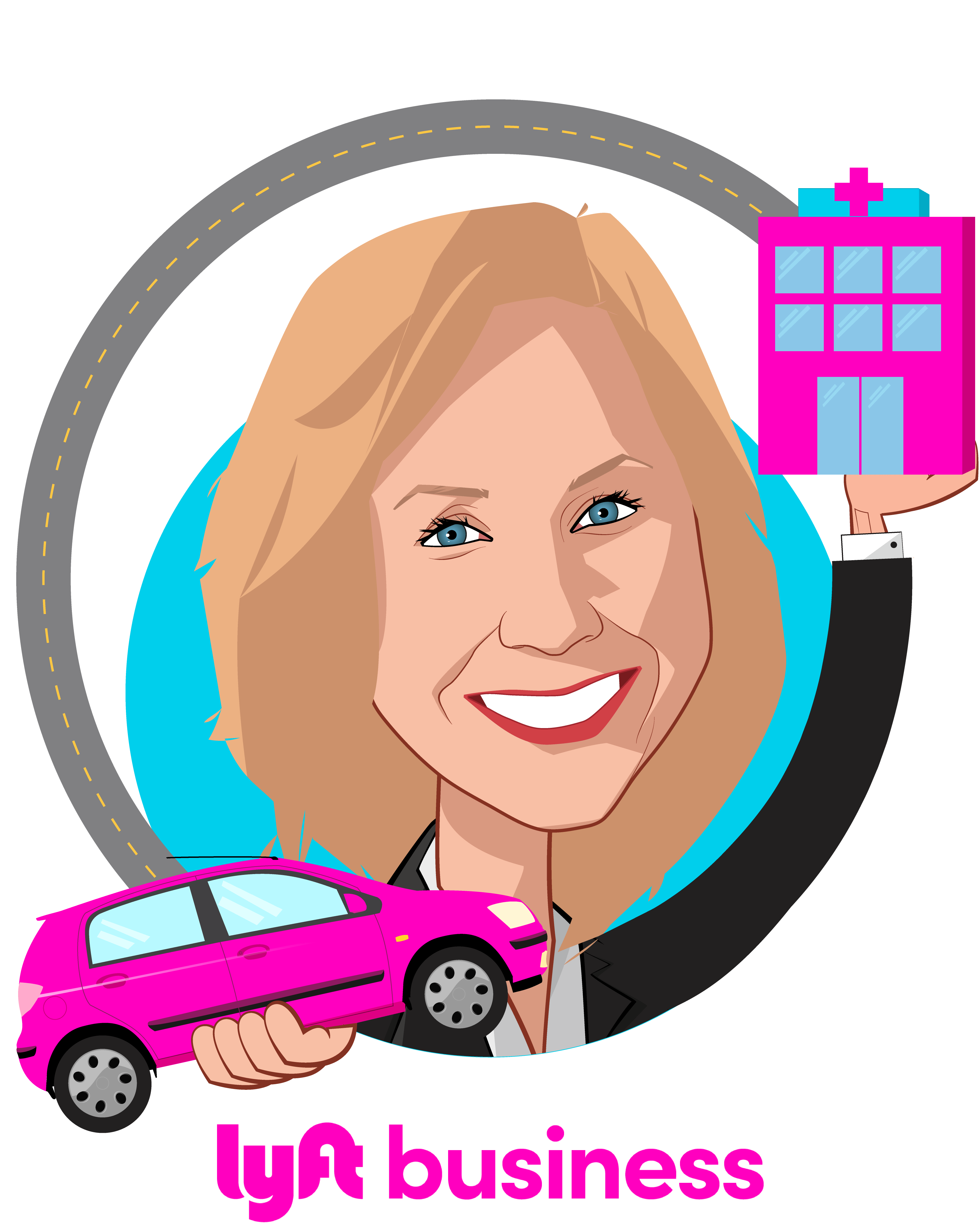 Overlay caricature of Megan Callahan, who is speaking at HLTH and is VP, Healthcare at Lyft Business