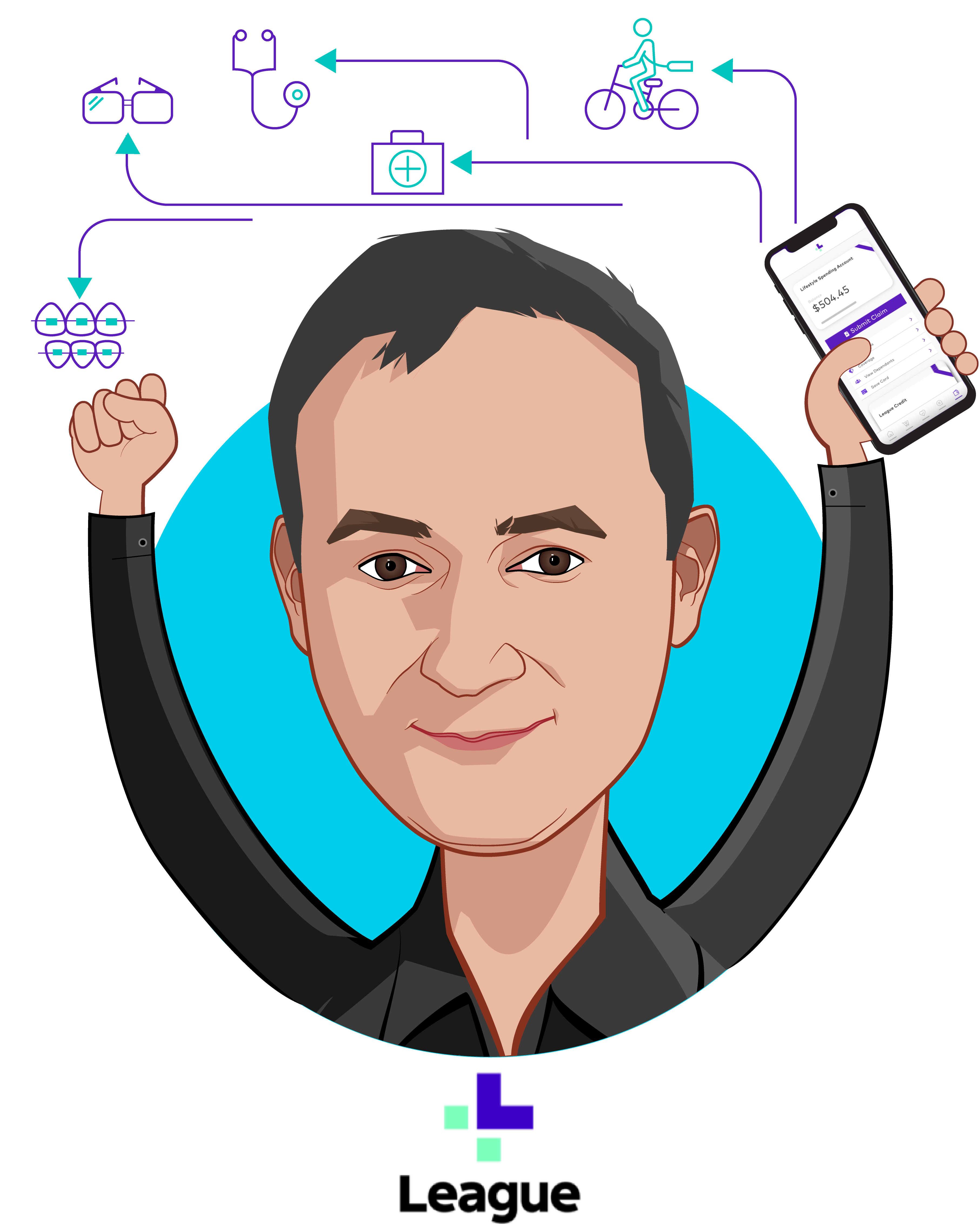 Overlay caricature of Michael Serbinis, who is speaking at HLTH and is Founder and CEO at League