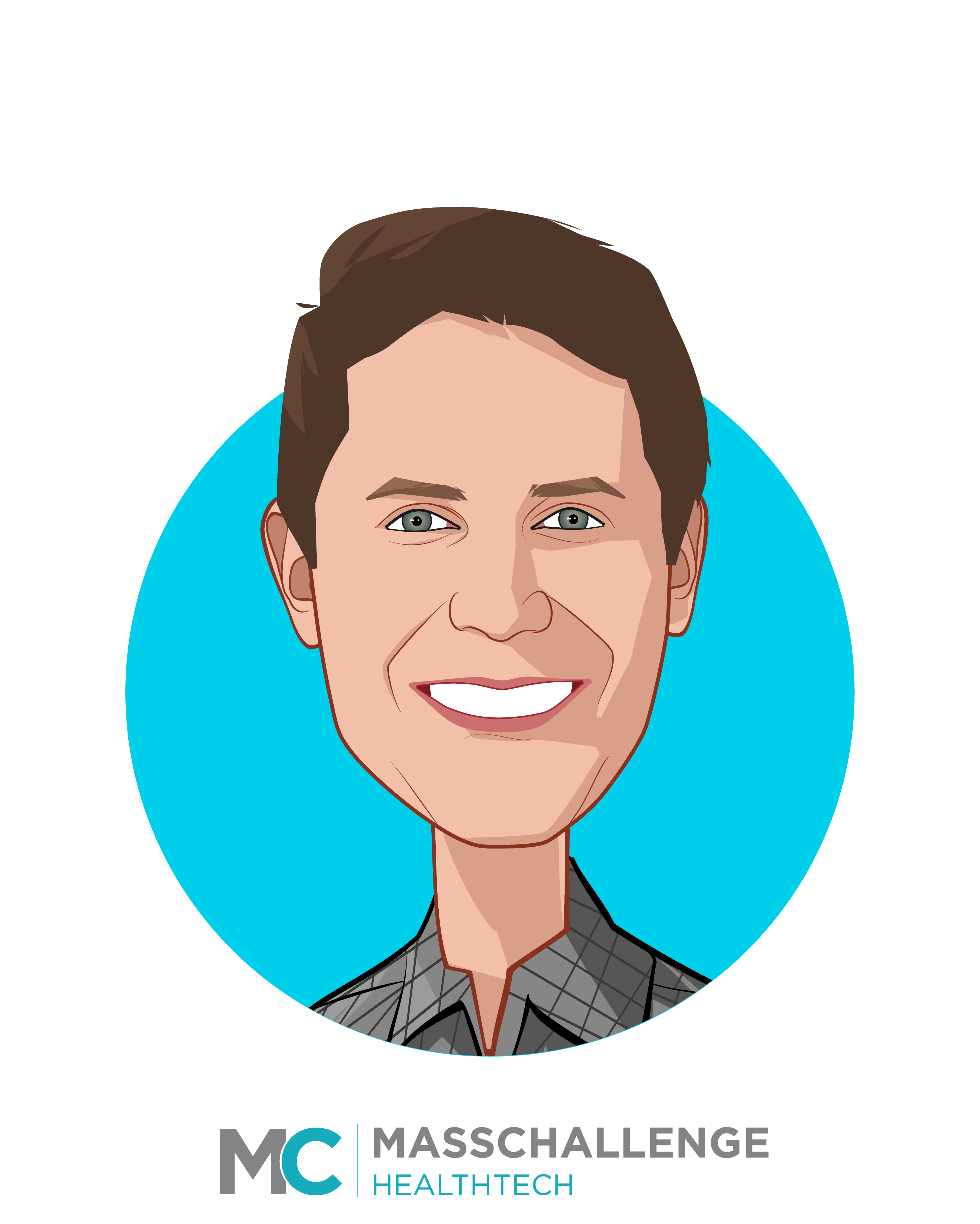 Main caricature of Nick Dougherty, who is speaking at HLTH and is Managing Director  at MassChallenge HealthTech