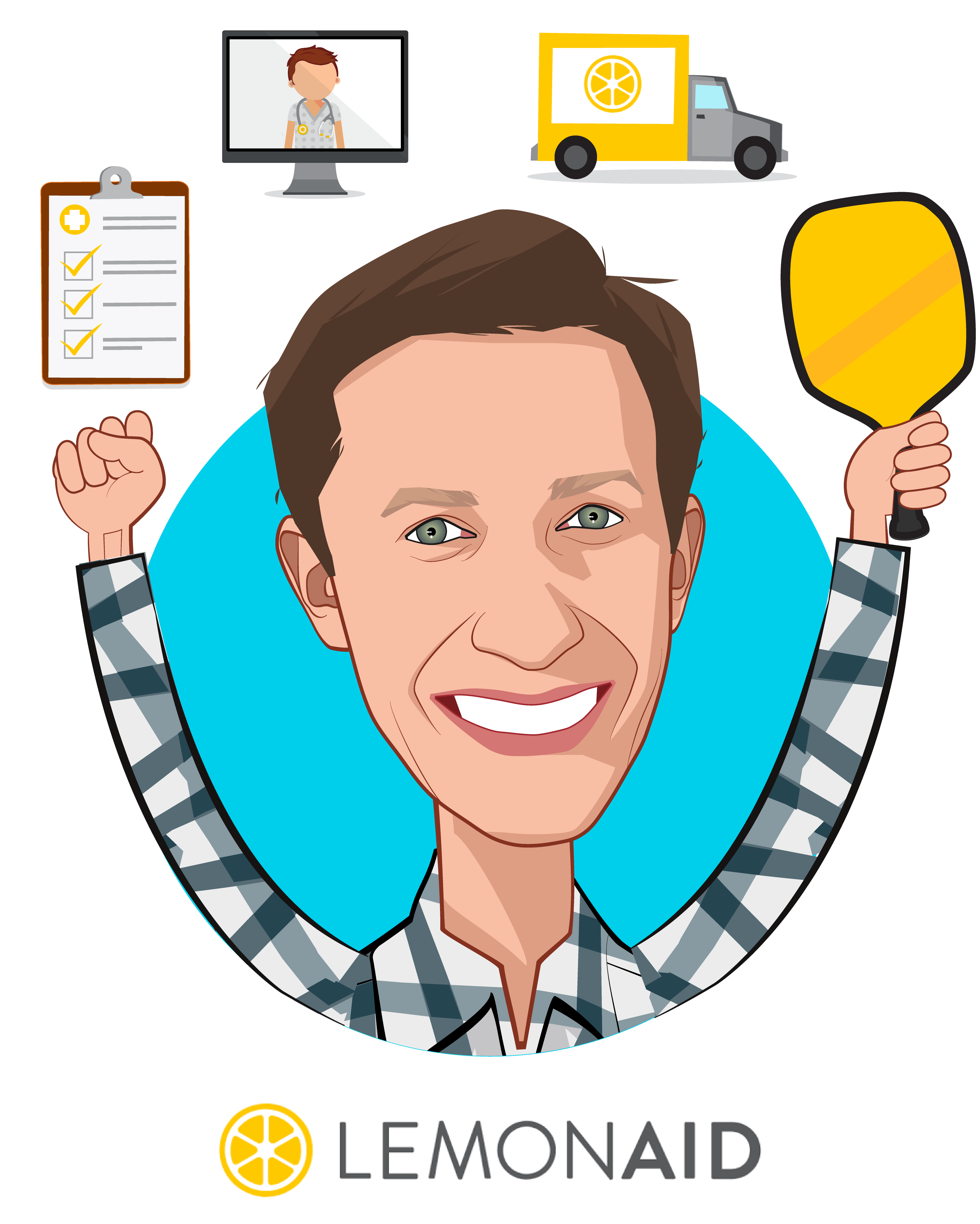 Overlay caricature of Paul Johnson, who is speaking at HLTH and is Co-Founder, CEO at Lemonaid Health