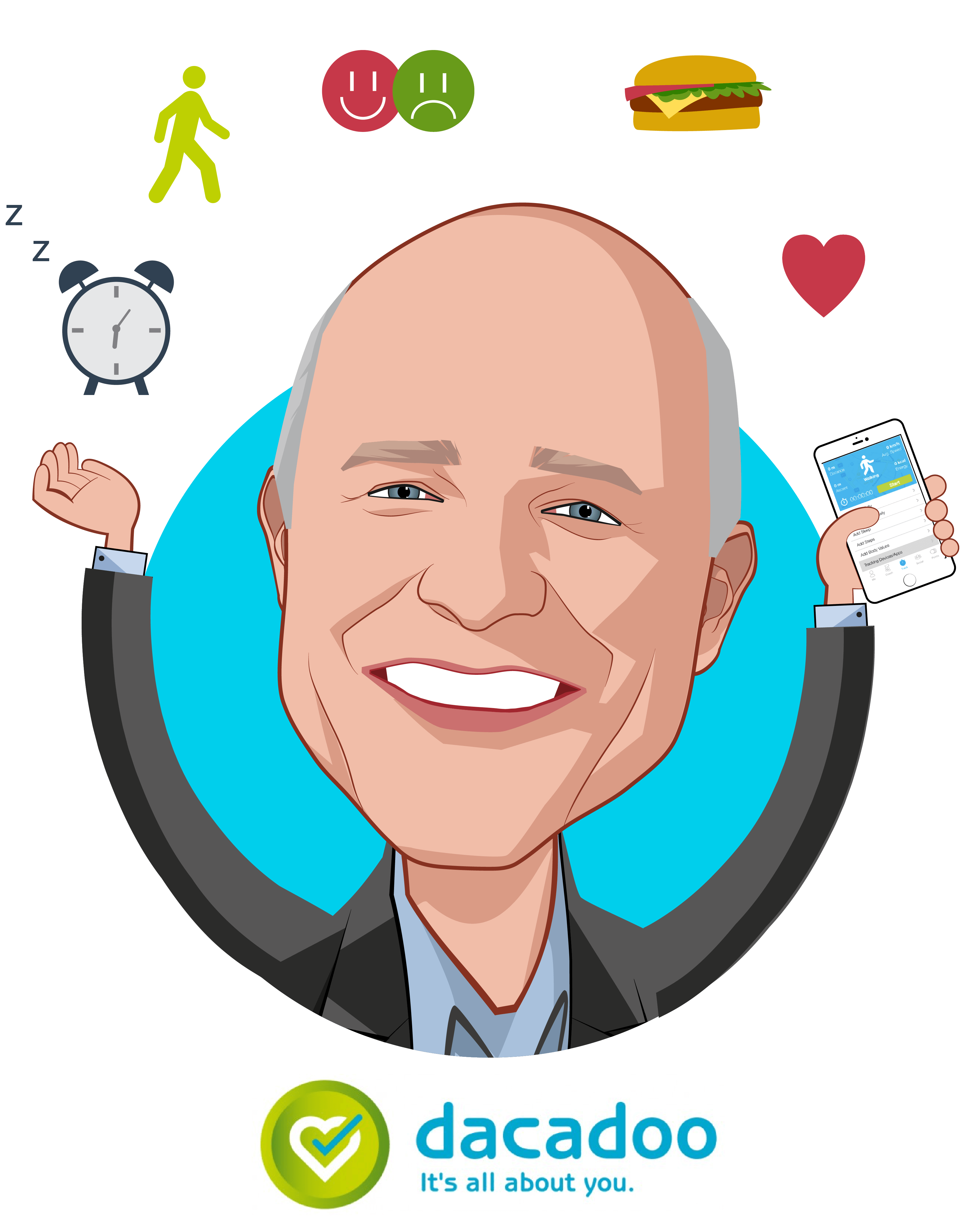 Overlay caricature of Peter Ohnemus, who is speaking at HLTH and is President & CEO at dacadoo