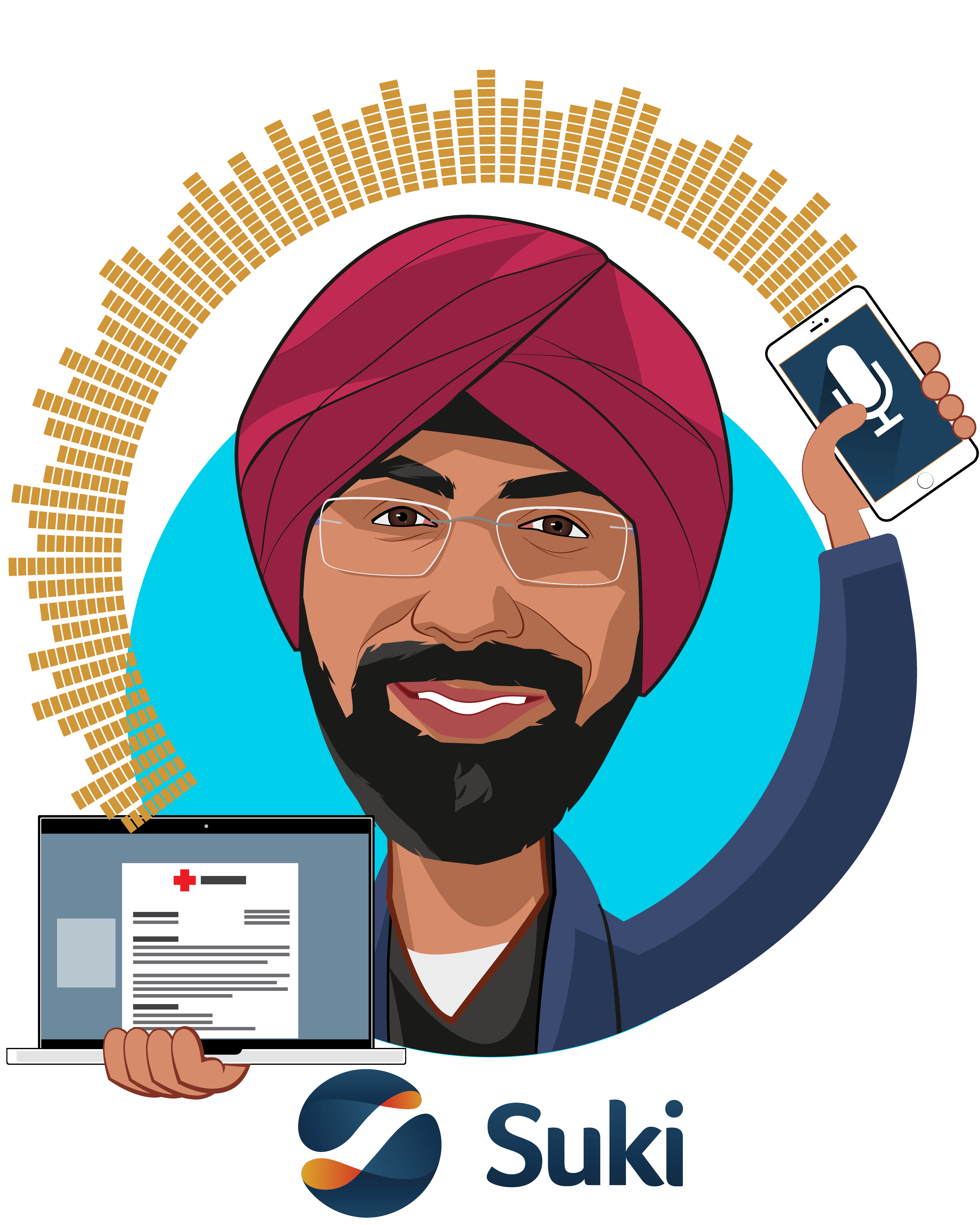 Overlay caricature of Punit Soni, who is speaking at HLTH and is Co-Founder & CEO at Suki