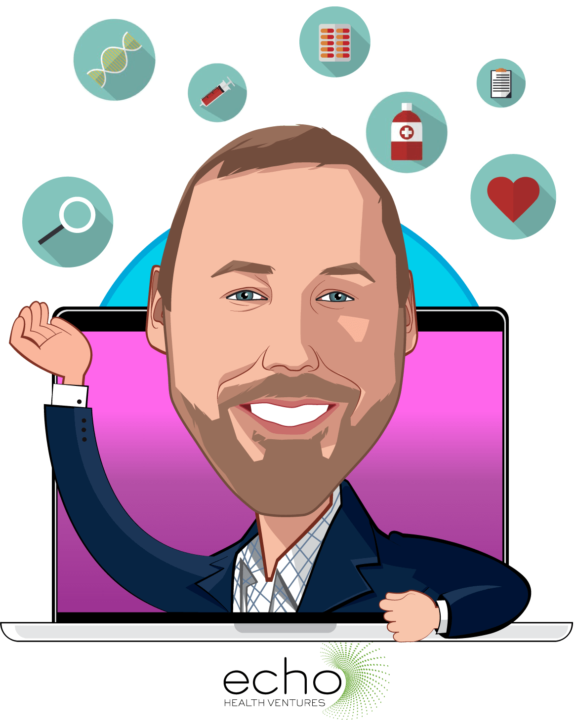 Overlay caricature of Rob Coppedge, who is speaking at HLTH and is Chief Executive Officer at Echo Health Ventures