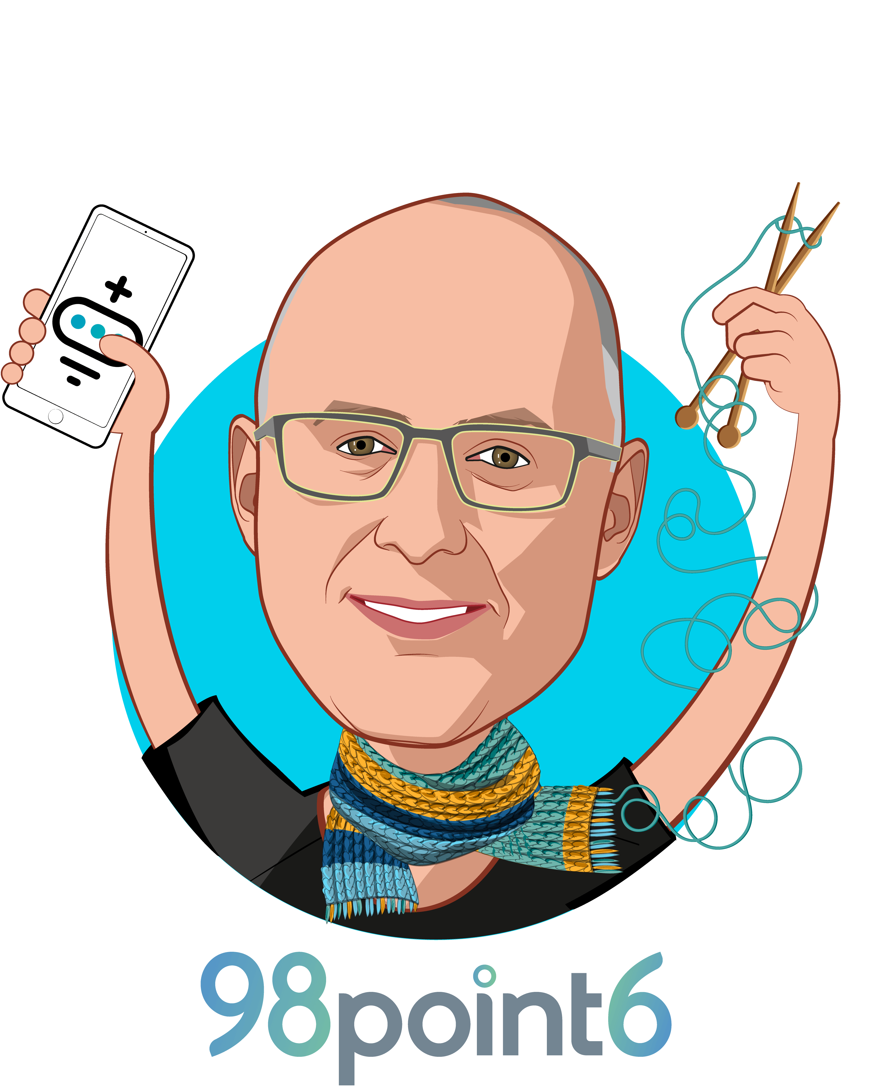 Overlay caricature of Robbie Cape, who is speaking at HLTH and is CEO and Co-founder at 98point6