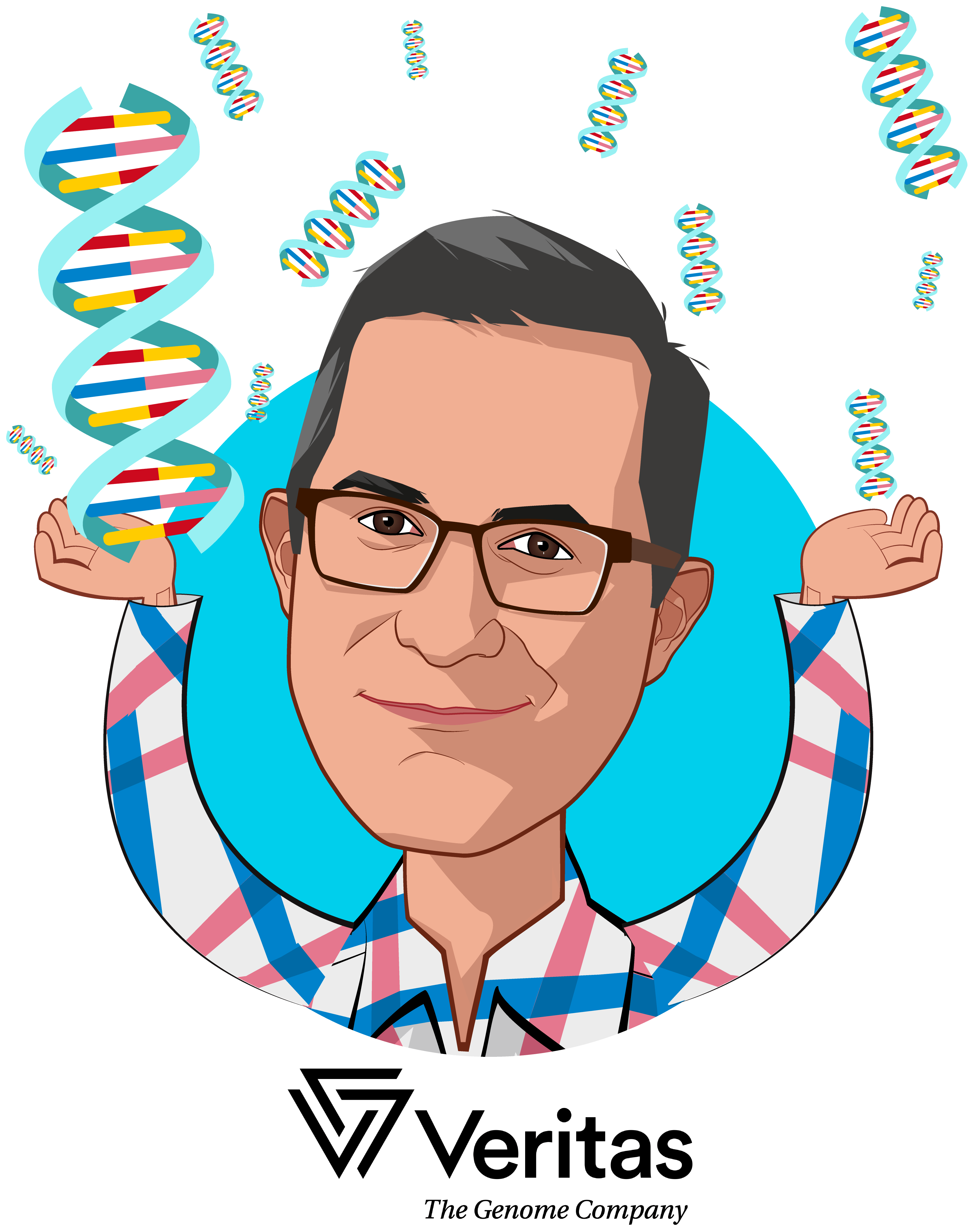 Overlay caricature of Rodrigo Martinez, who is speaking at HLTH and is Chief Marketing & Design Officer at Veritas Genetics