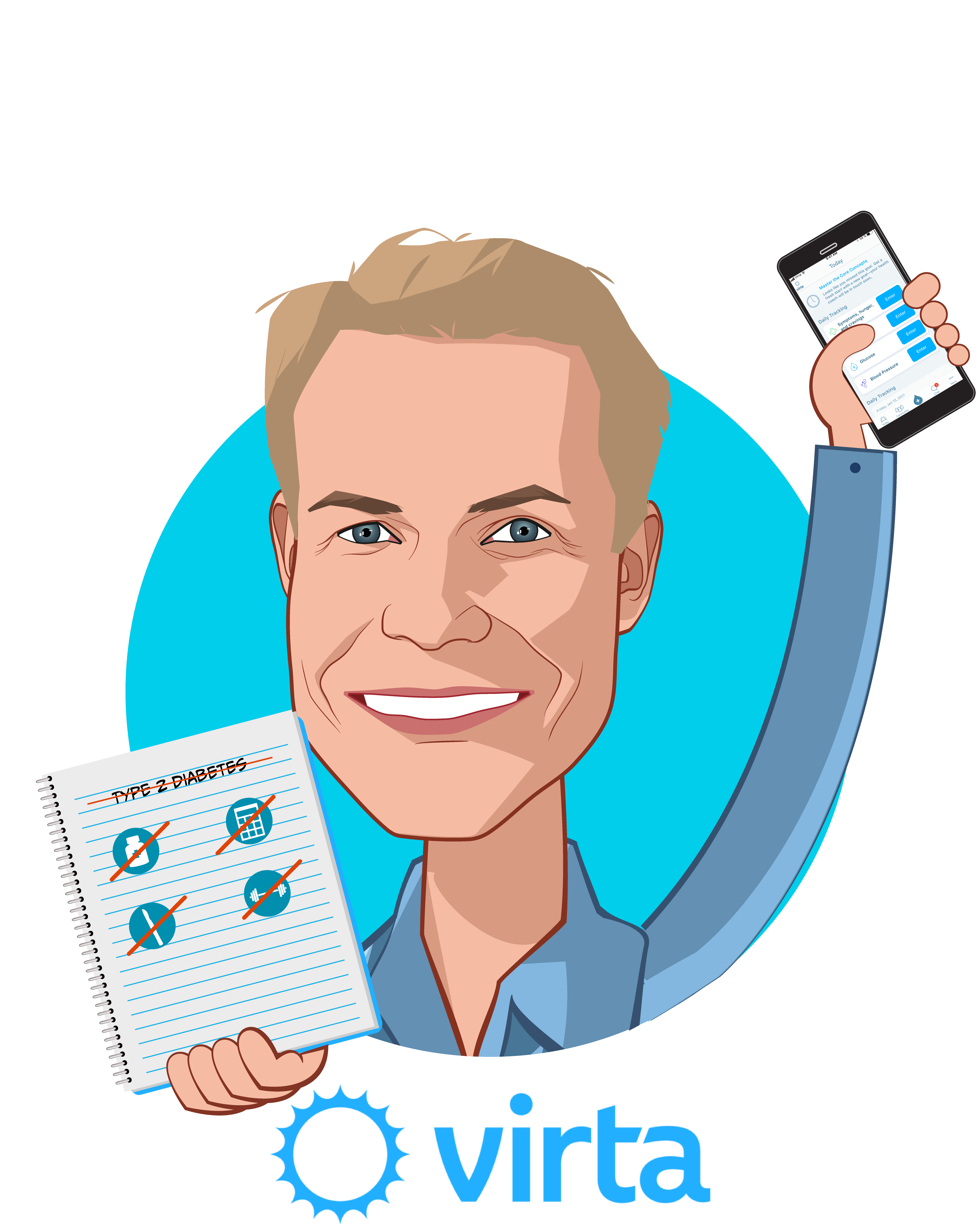Overlay caricature of Sami Inkinen, who is speaking at HLTH and is CEO & Founder at Virta Health