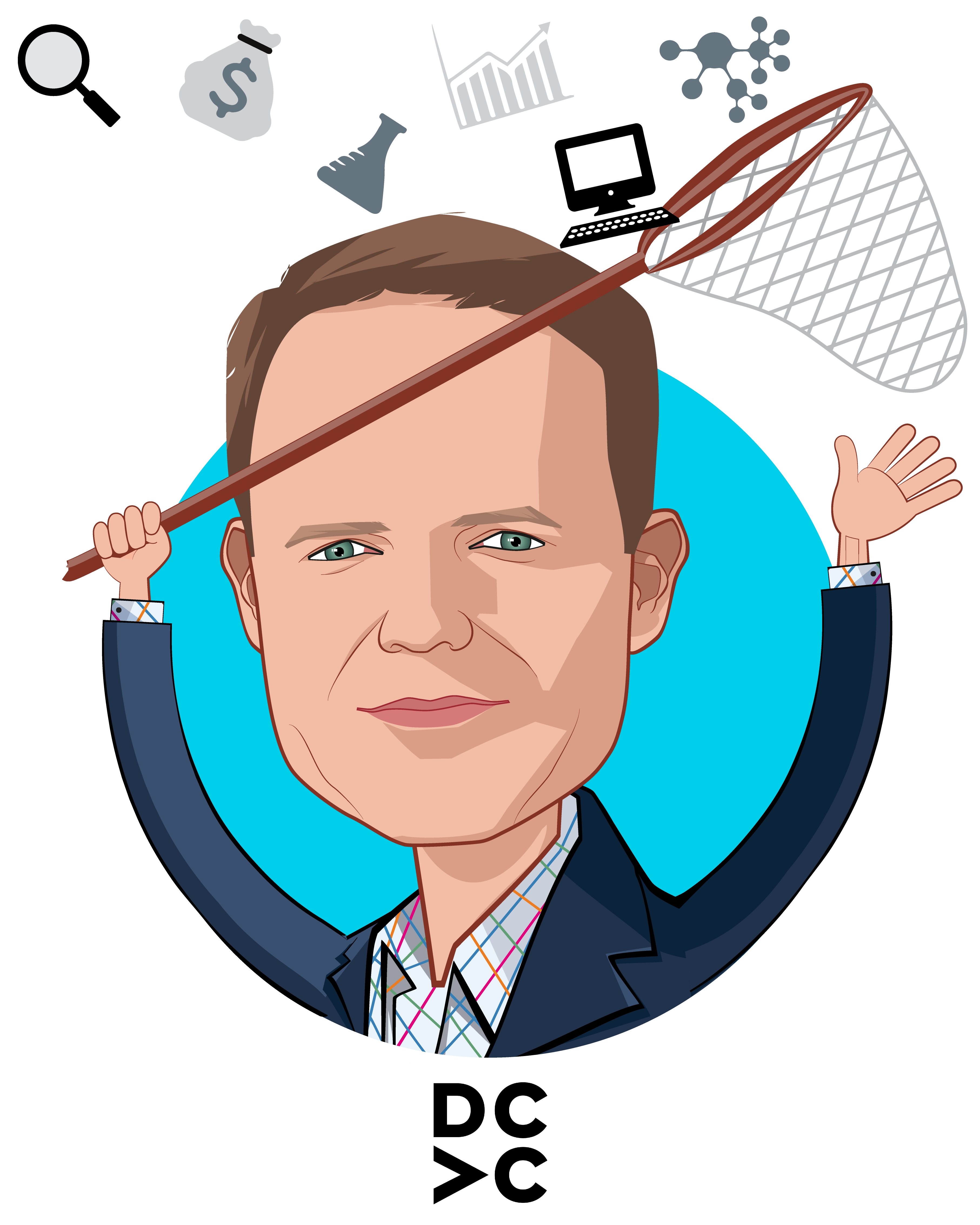Overlay caricature of Scott Barclay, who is speaking at HLTH and is Partner at DCVC