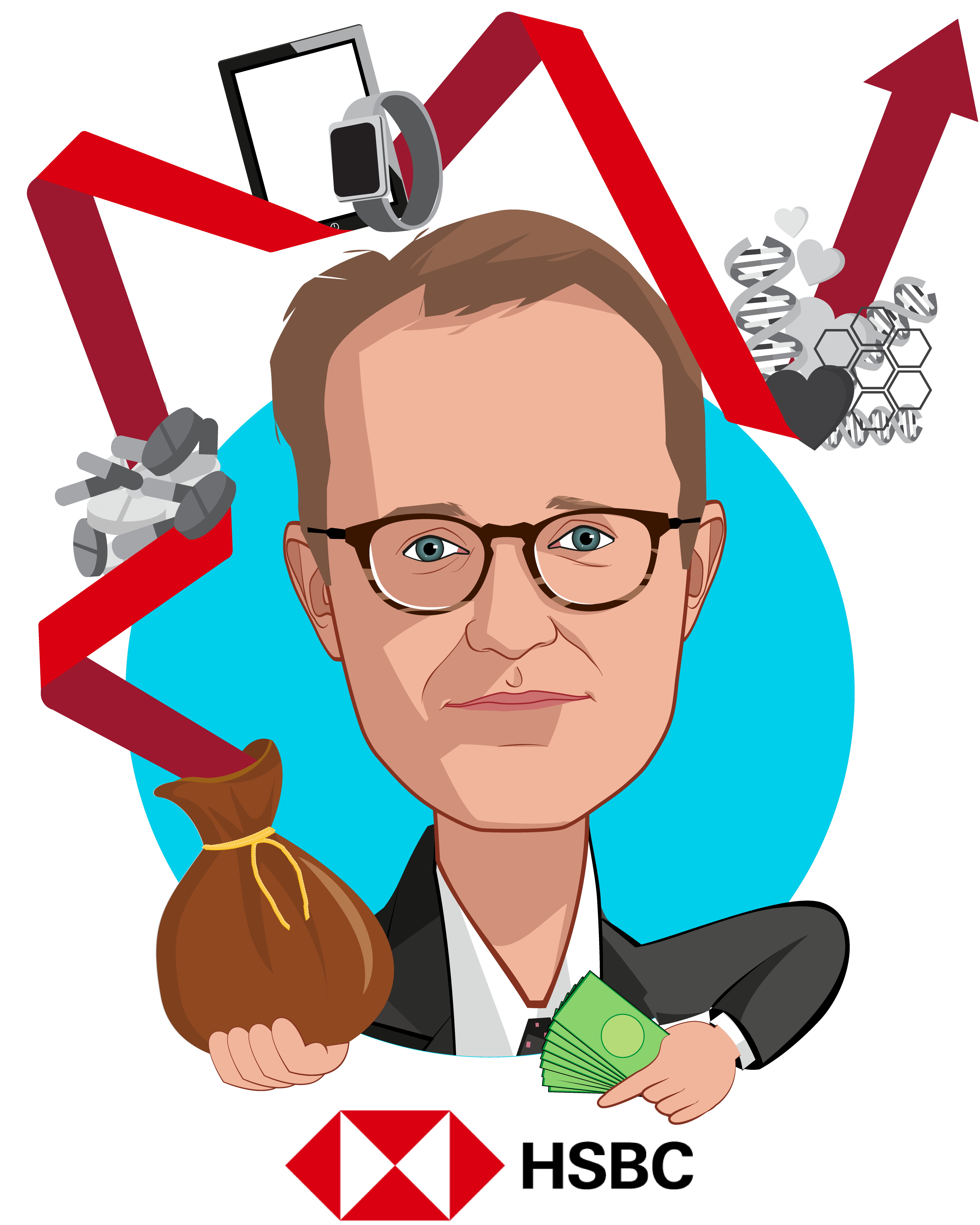 Overlay caricature of Thad Davis, who is speaking at HLTH and is Head of U.S. Healthcare Investment Banking at HSBC