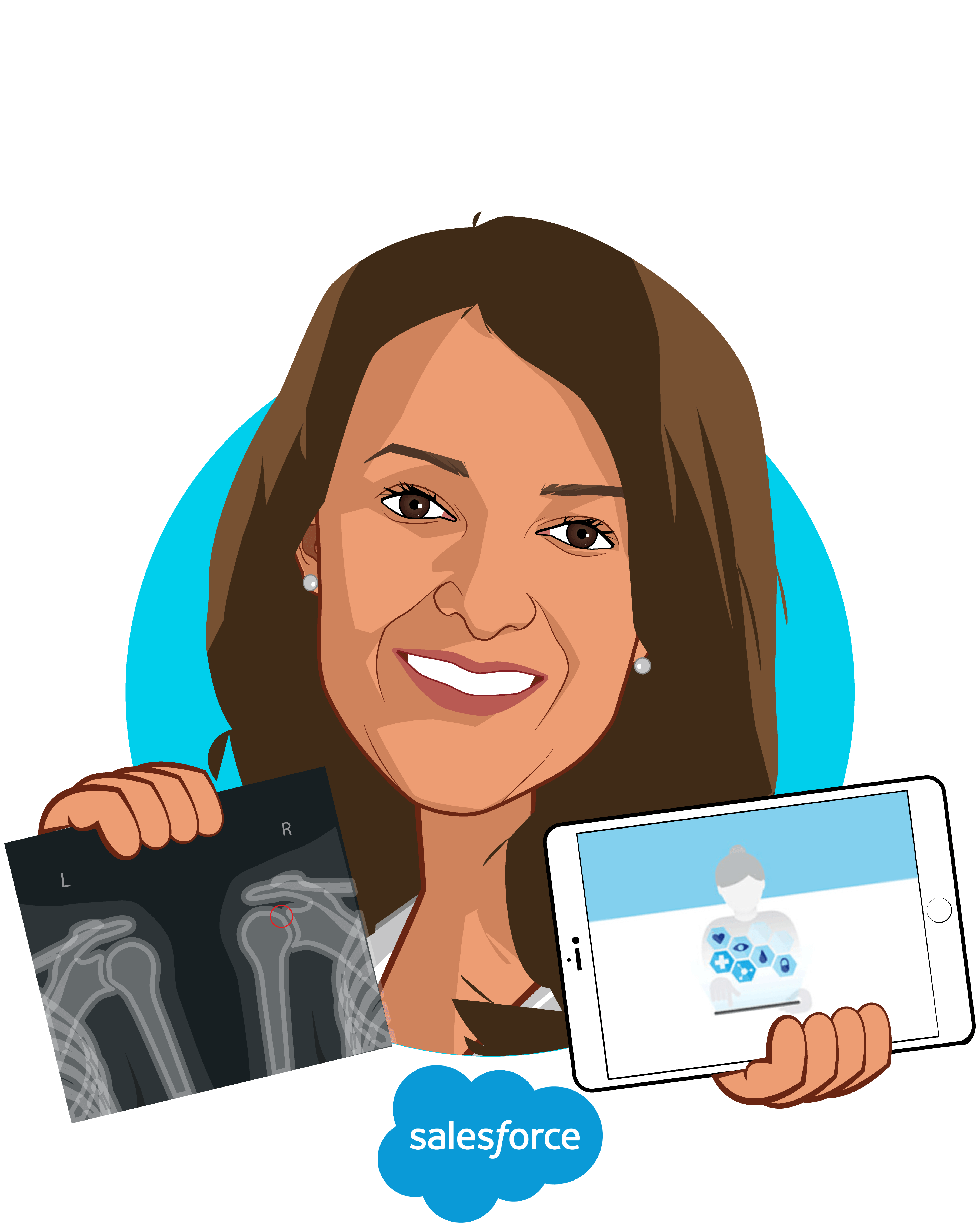 Overlay caricature of Ashwini Zenooz, MD, who is speaking at HLTH and is SVP and GM for Healthcare and Life Sciences at Salesforce