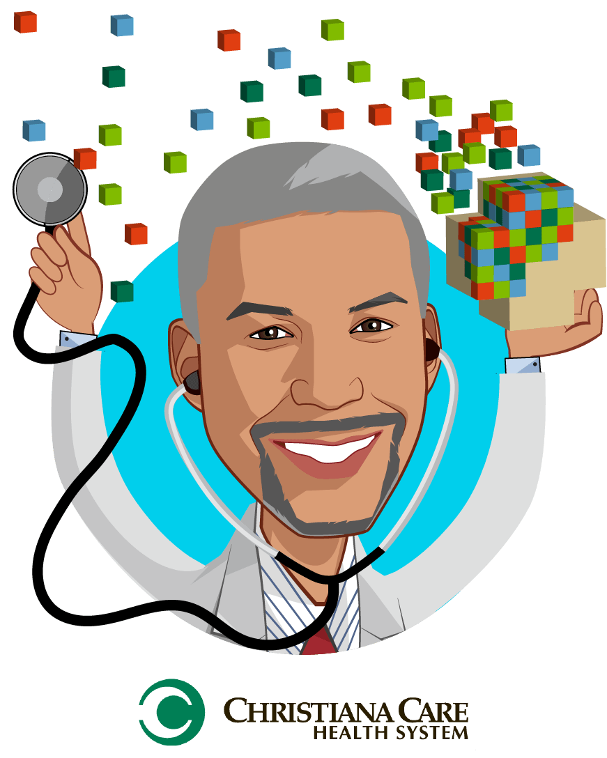 Overlay caricature of Edmondo J. Robinson, M.D., MBA, FACP, who is speaking at HLTH and is Chief Transformation Officer, Senior Vice President, Consumerism                                              at Christiana Care Health System 