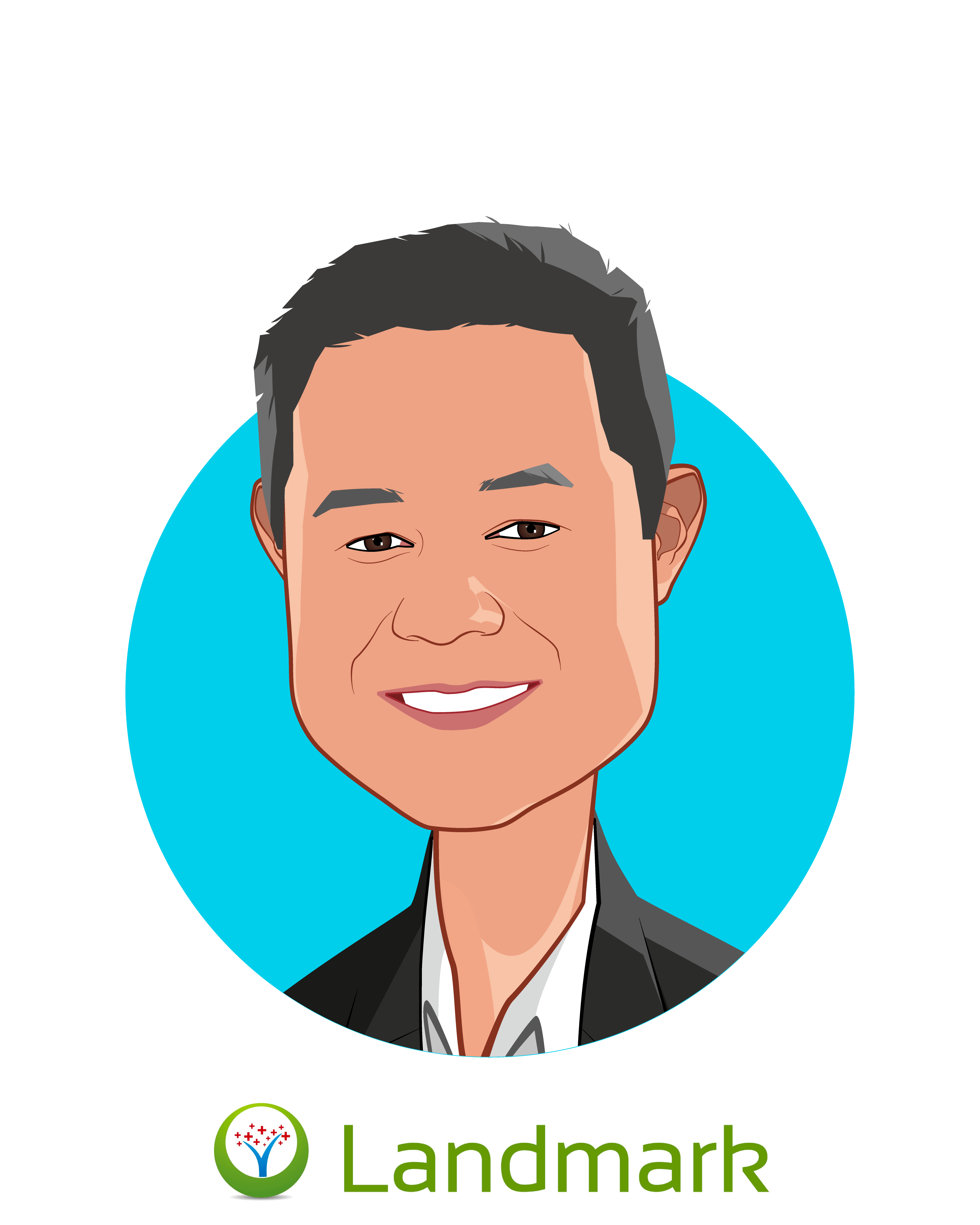 Main caricature of Michael Le, MD, who is speaking at HLTH and is Co-Founder & Chief Medical Officer at Landmark Health