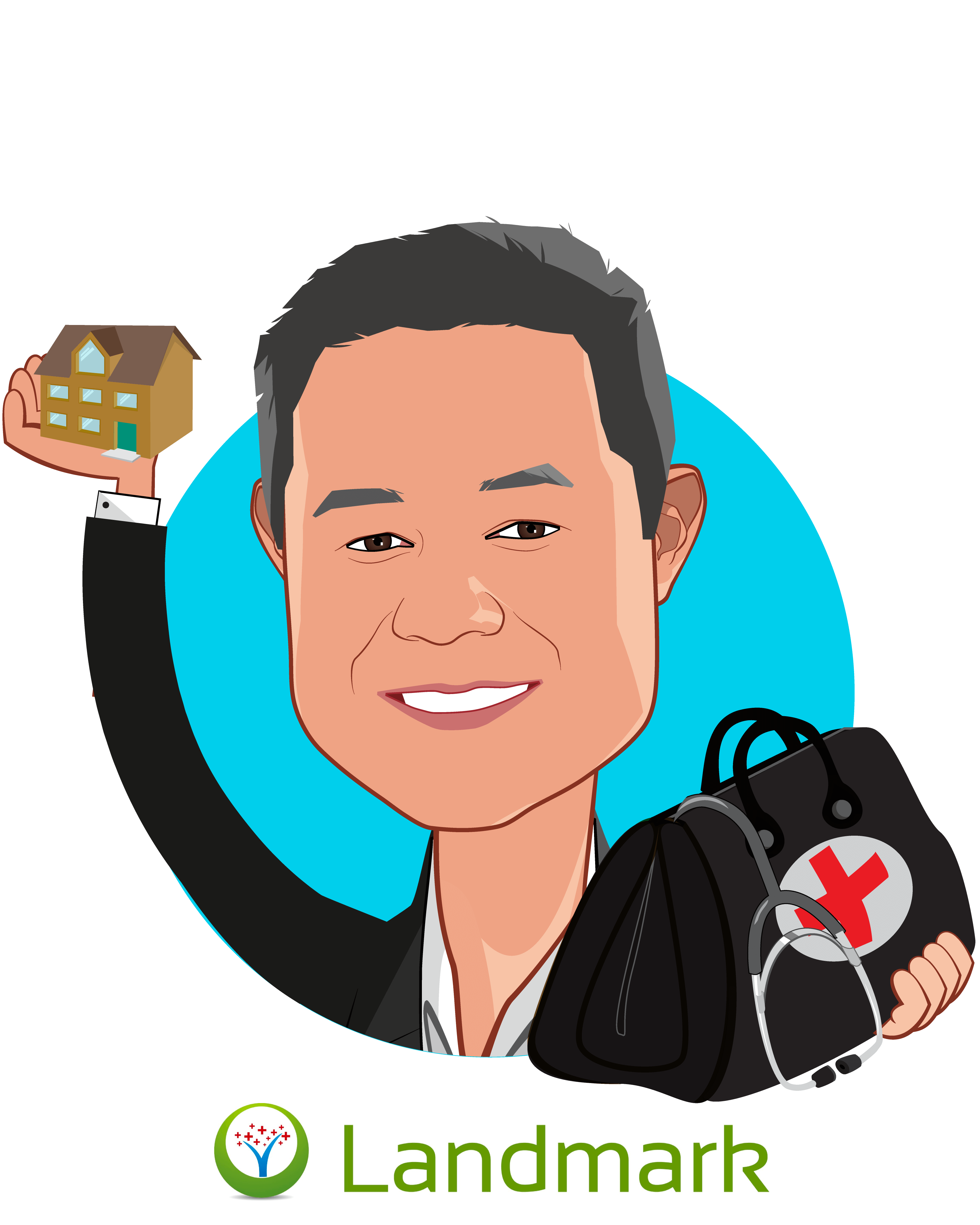 Overlay caricature of Michael Le, MD, who is speaking at HLTH and is Co-Founder & Chief Medical Officer at Landmark Health