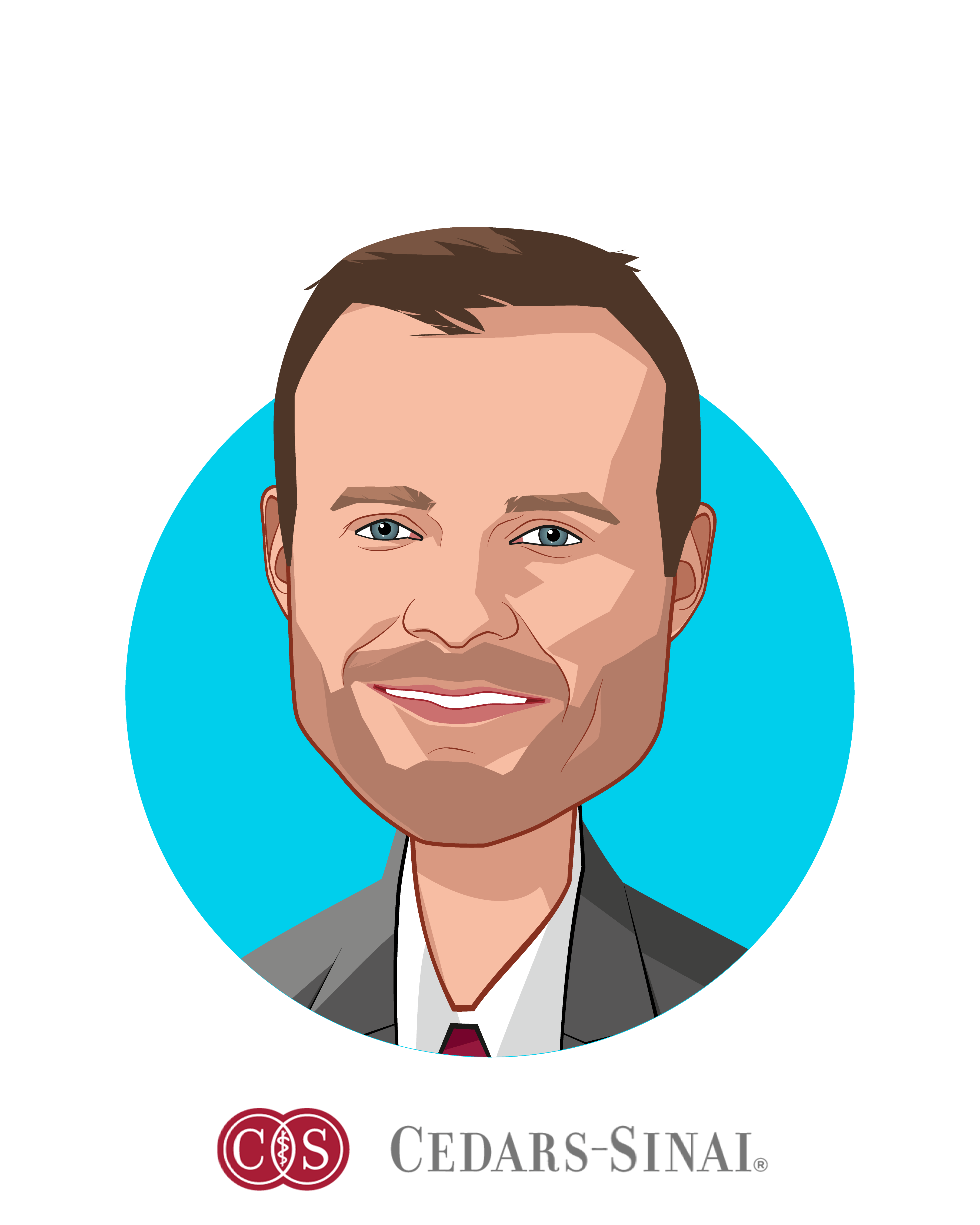 Main caricature of Alan Dubovsky, who is speaking at HLTH and is Chief Patient Experience Officer at Cedars-Sinai