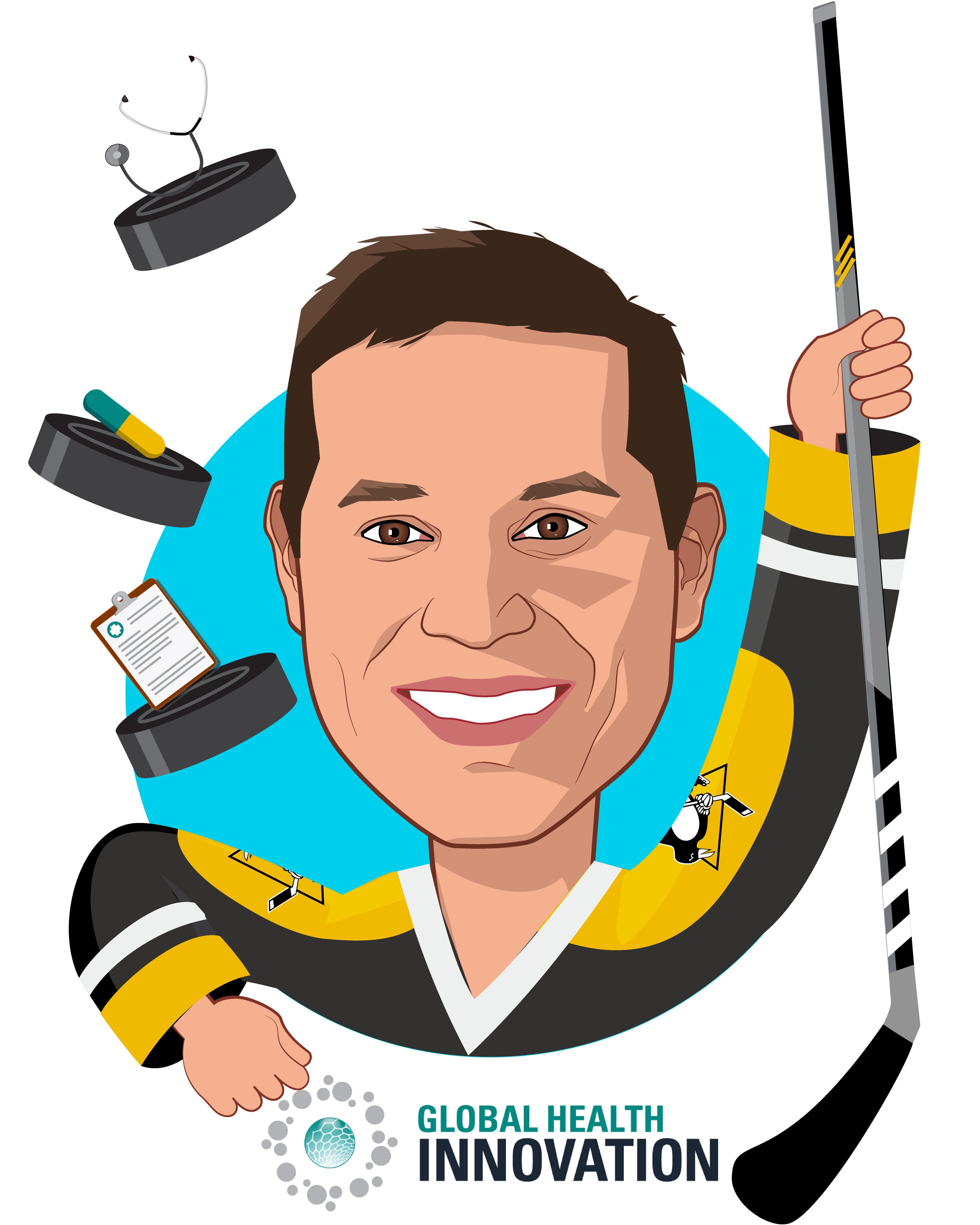Overlay caricature of Joel Krikston, who is speaking at HLTH and is Managing Director at Merck Global Health Innovation Fund