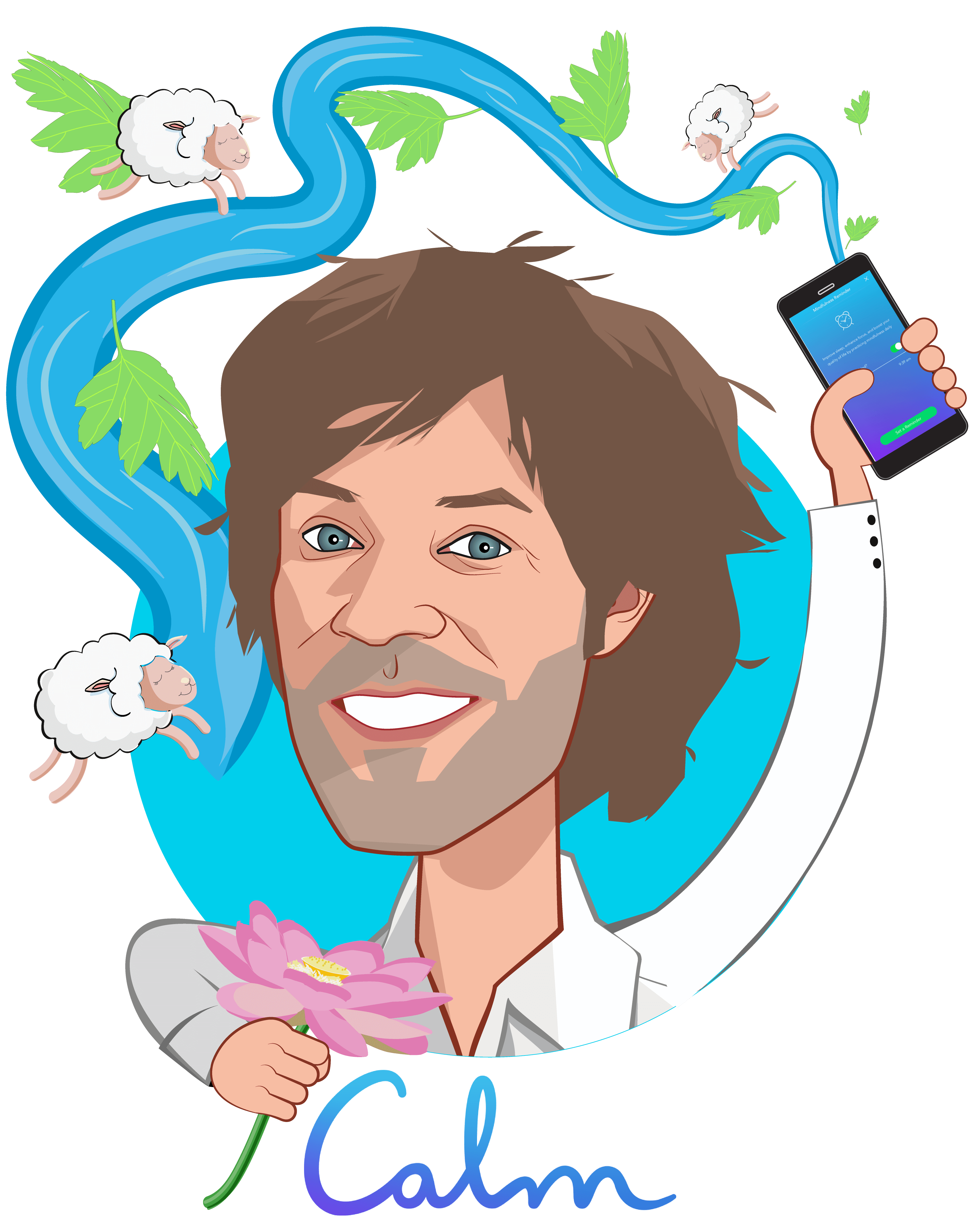 Overlay caricature of Michael Acton Smith , who is speaking at HLTH and is Co-Founder + Co-CEO at Calm