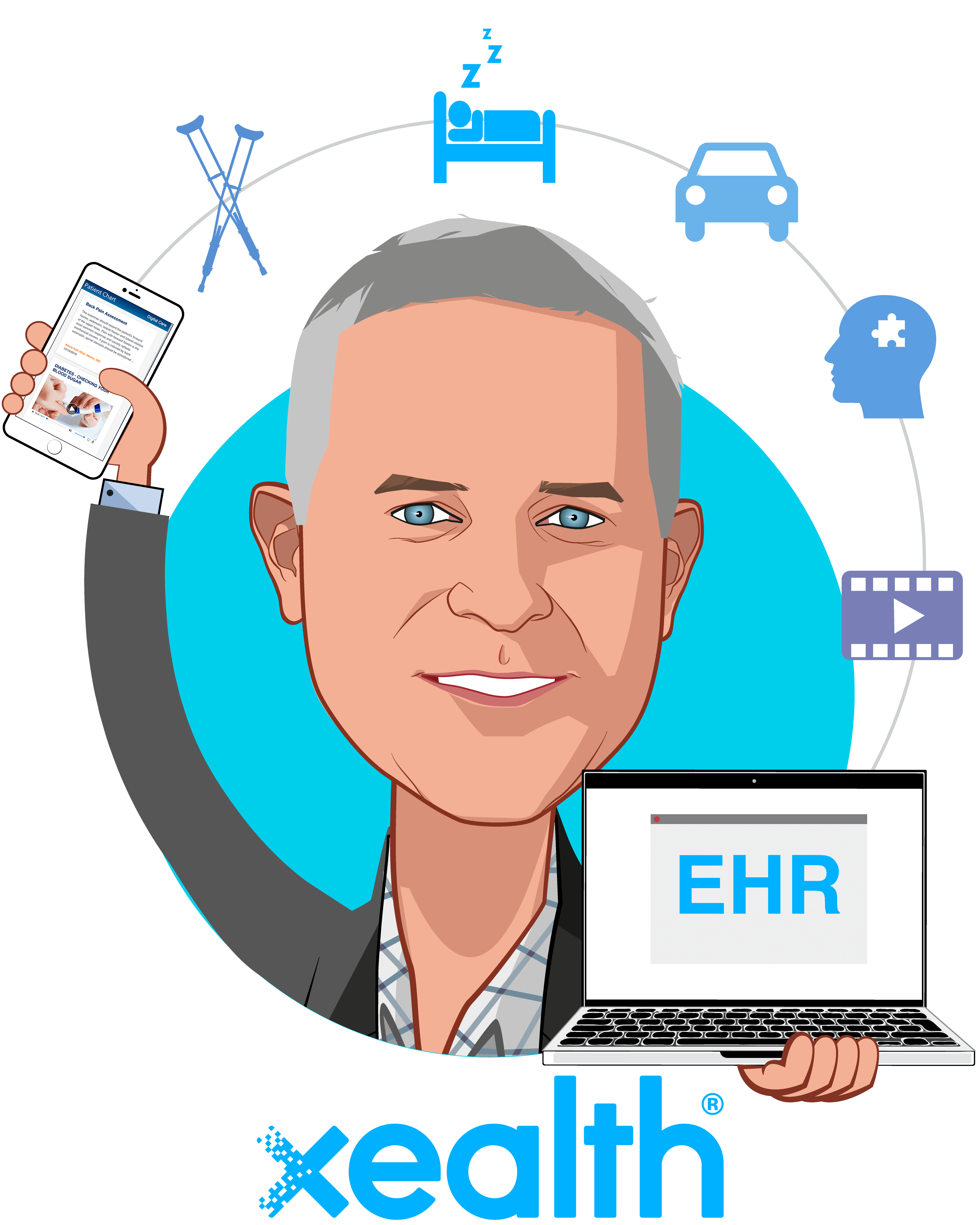 Overlay caricature of Mike McSherry, who is speaking at HLTH and is CEO at Xealth