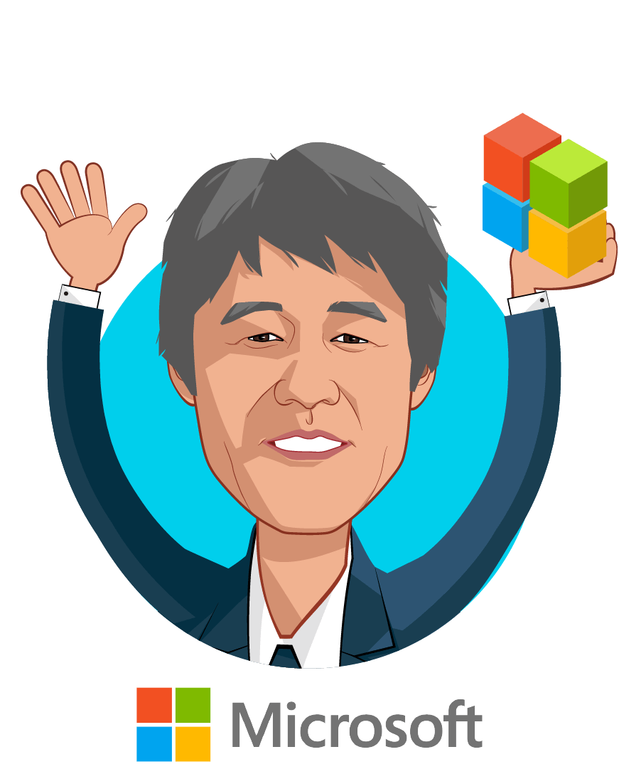 Overlay caricature of Dr. Peter Lee, who is speaking at HLTH and is Corporate Vice President, Microsoft Healthcare at Microsoft