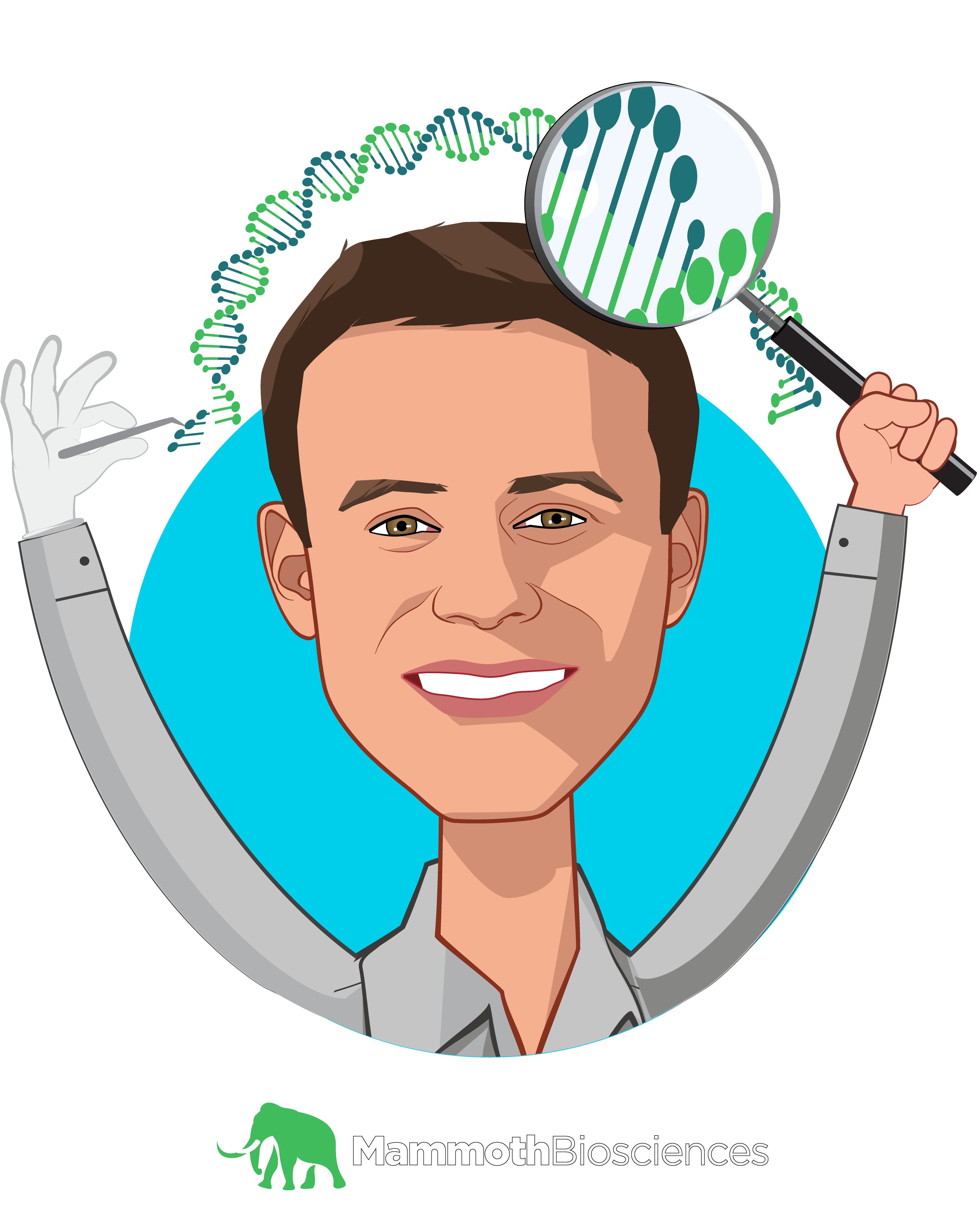 Overlay caricature of Trevor Martin, who is speaking at HLTH and is CEO at Mammoth Biosciences