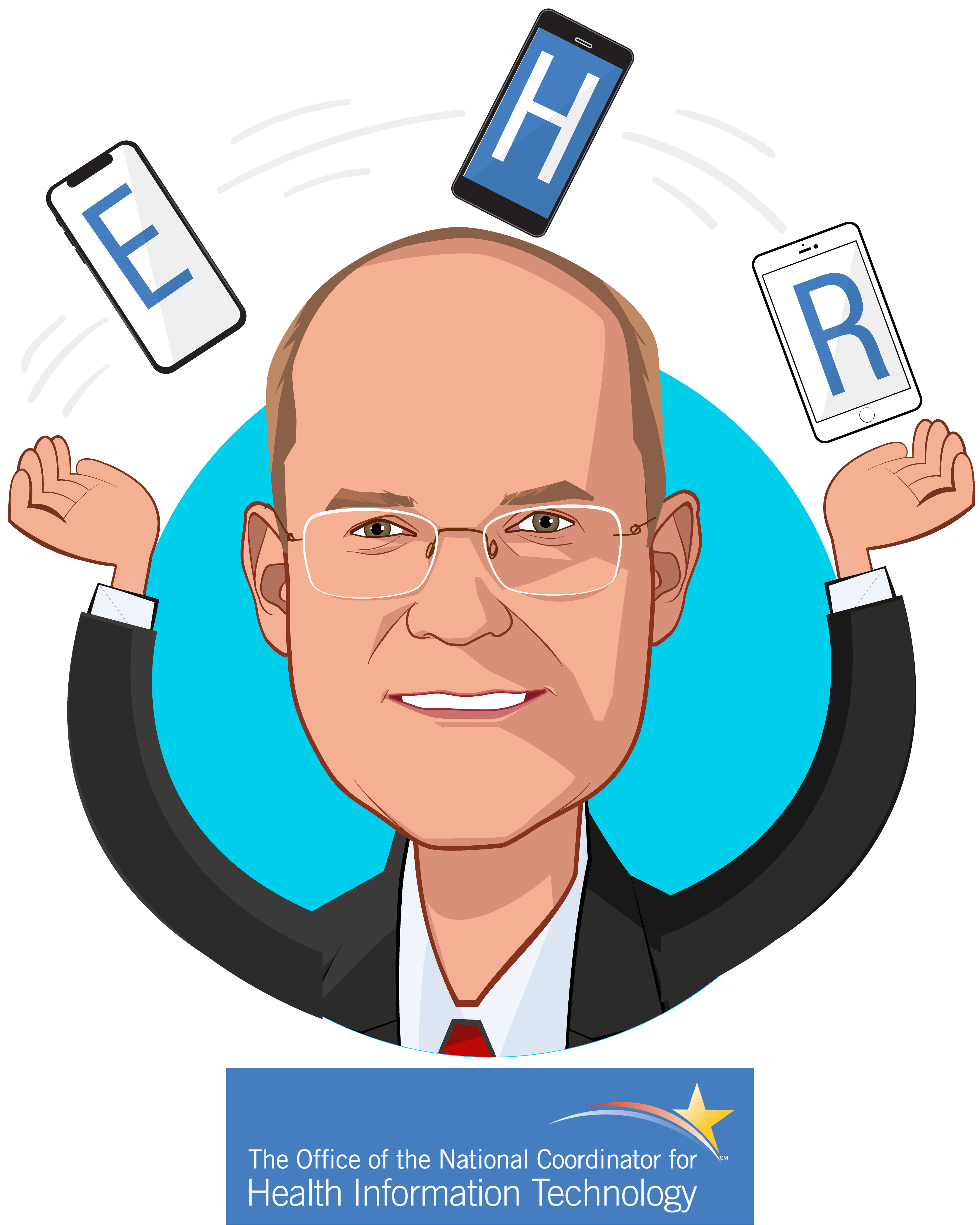 Overlay caricature of Dr. Don Rucker, who is speaking at HLTH and is National Coordinator for Health Information Technology at U.S. Department of Health and Human Services