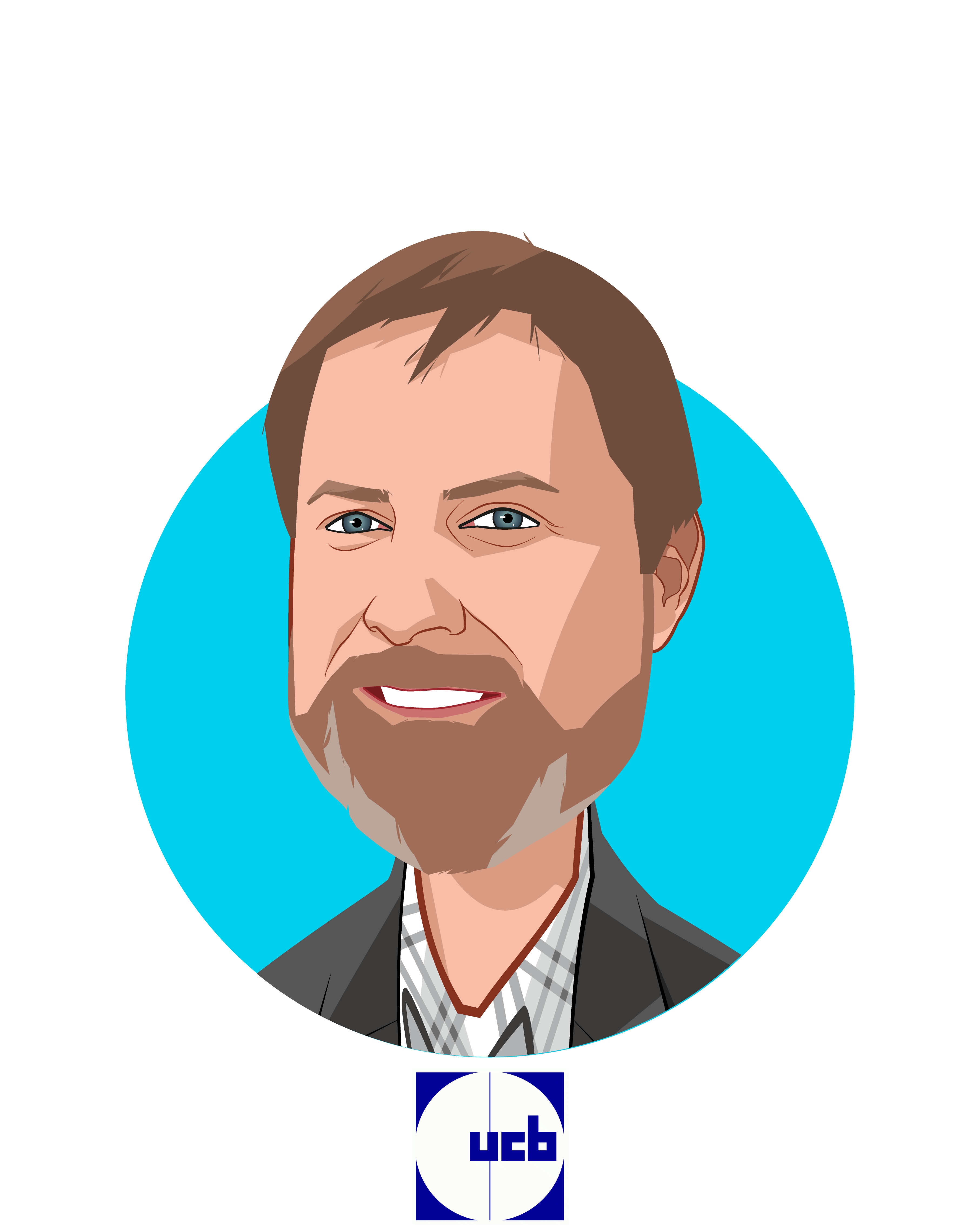 Main caricature of James Musick, PhD, who is speaking at HLTH and is VP/Head of Patient Technology at UCB