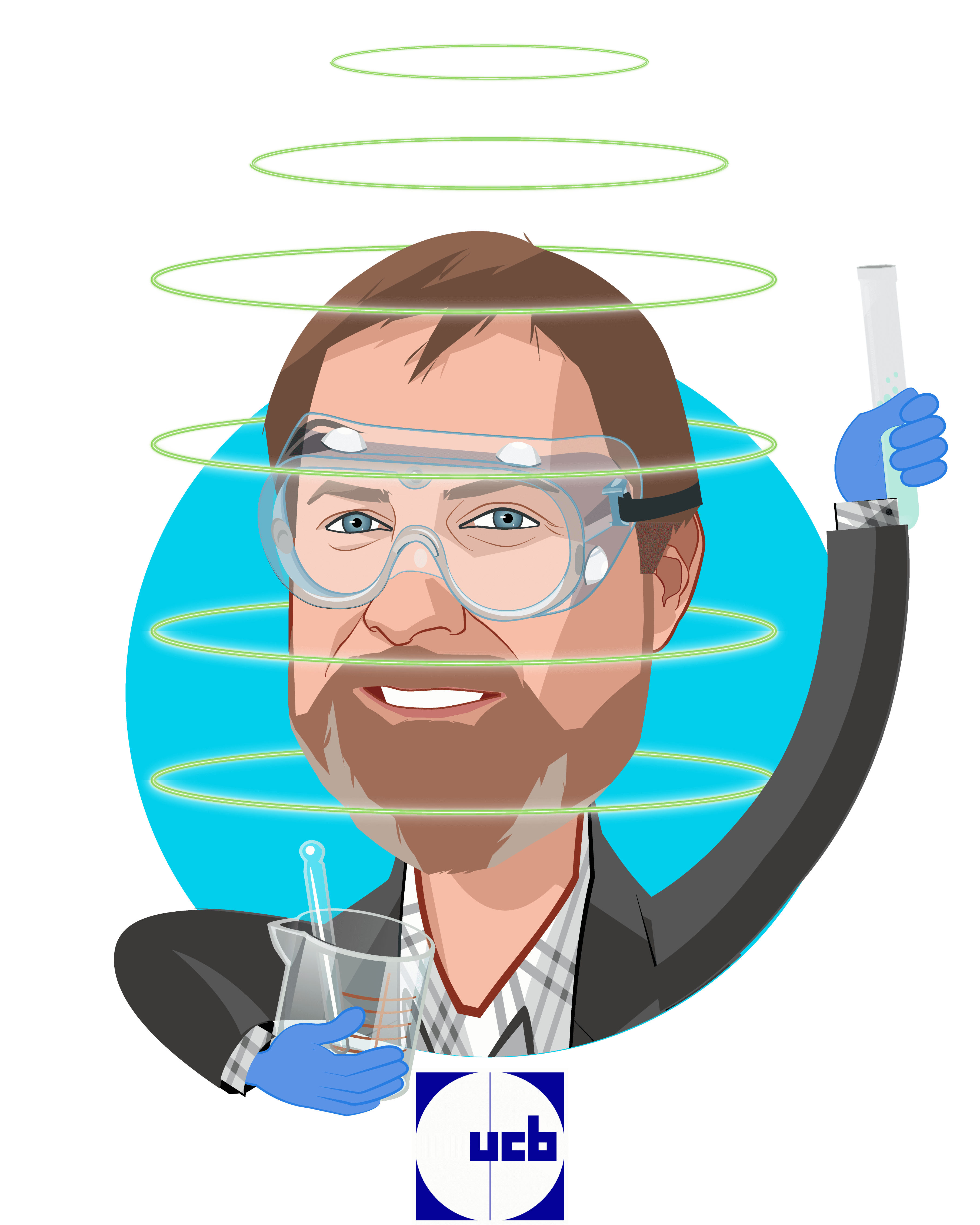 Overlay caricature of James Musick, PhD, who is speaking at HLTH and is VP/Head of Patient Technology at UCB