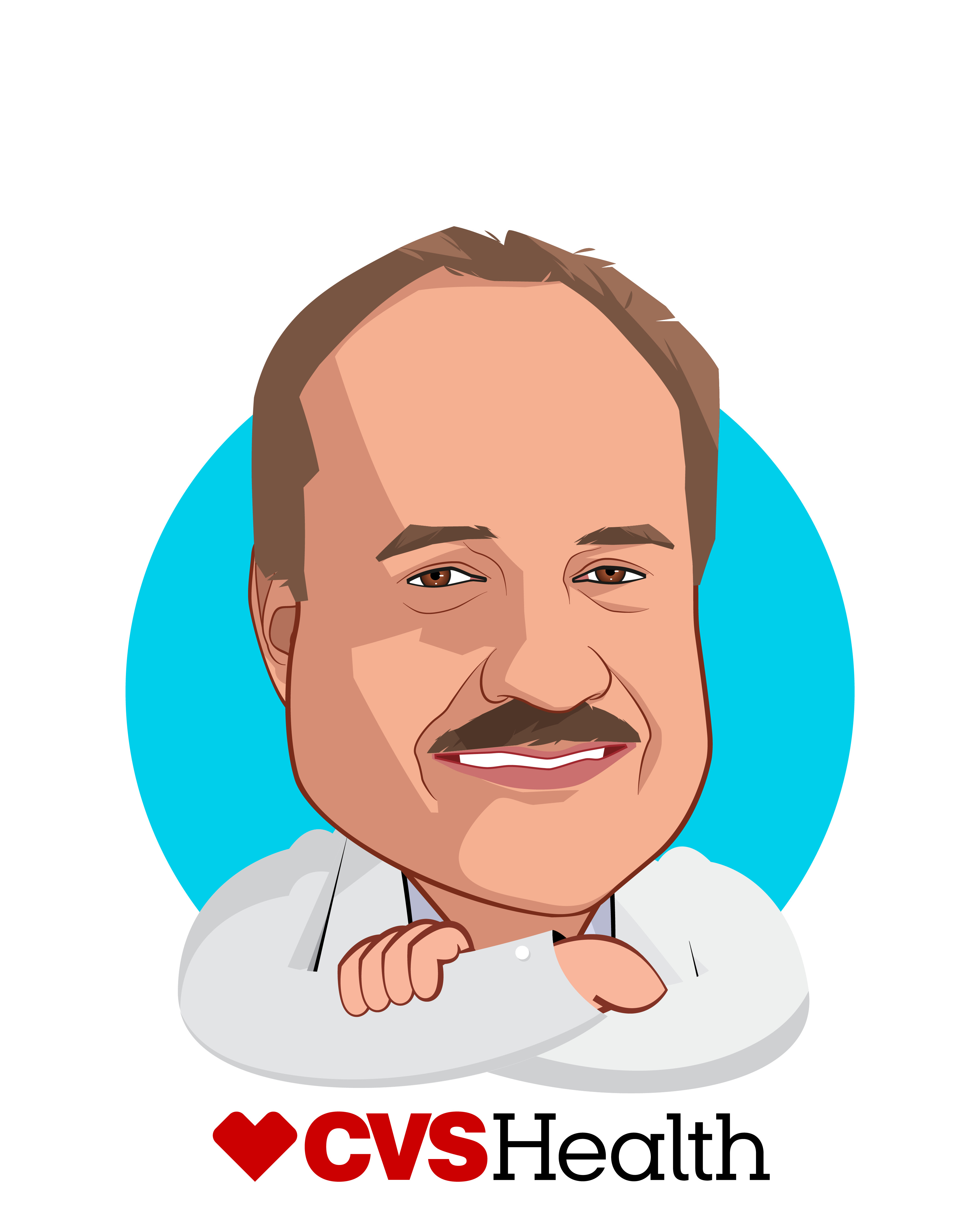 Overlay caricature of Larry Merlo, who is speaking at HLTH and is President and Chief Executive Officer at CVS Health